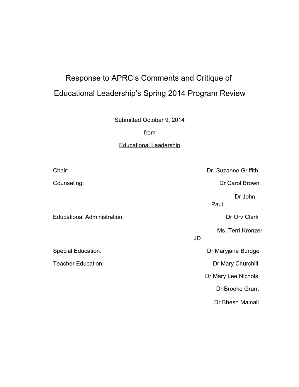 Educational Leadership S Spring 2014 Program Review