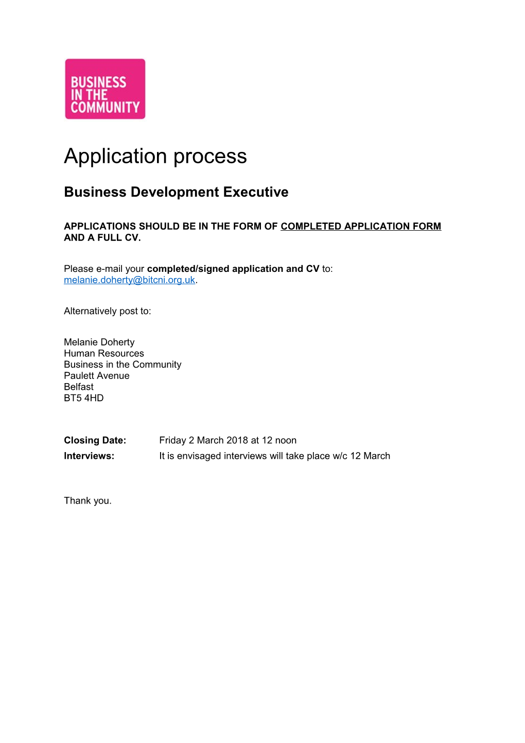 Applications Should Be in the Form of Completed Application Form and a Full CV s1