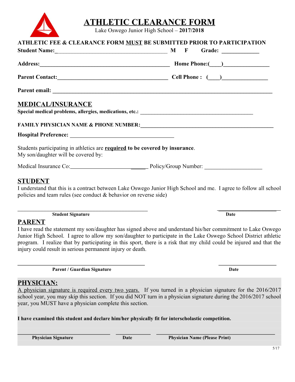 Athletic Clearance Form