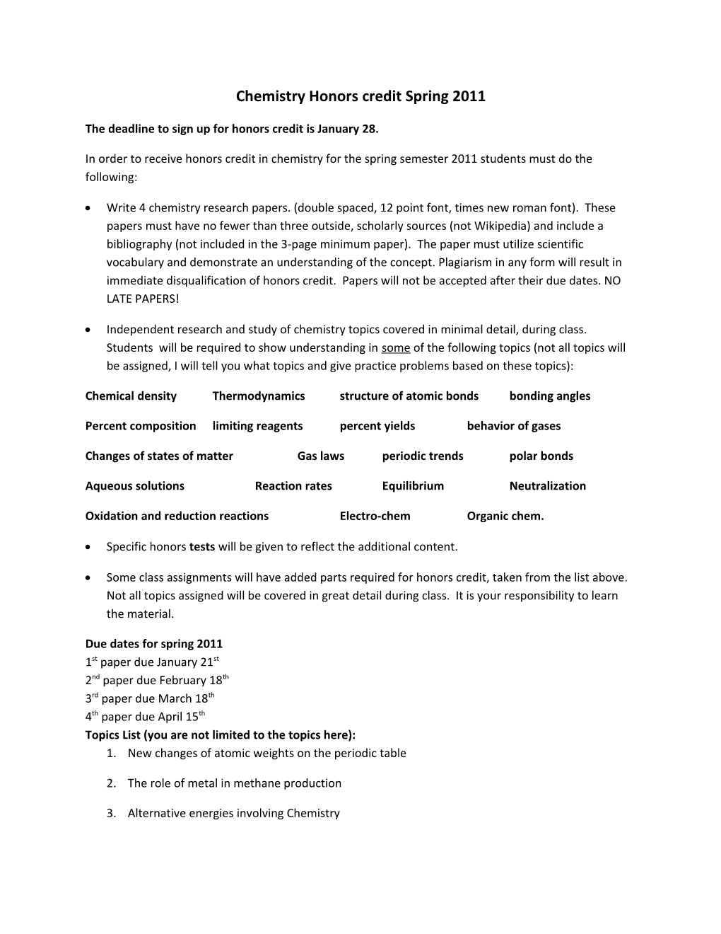Chemistry Honors Credit Spring 2011