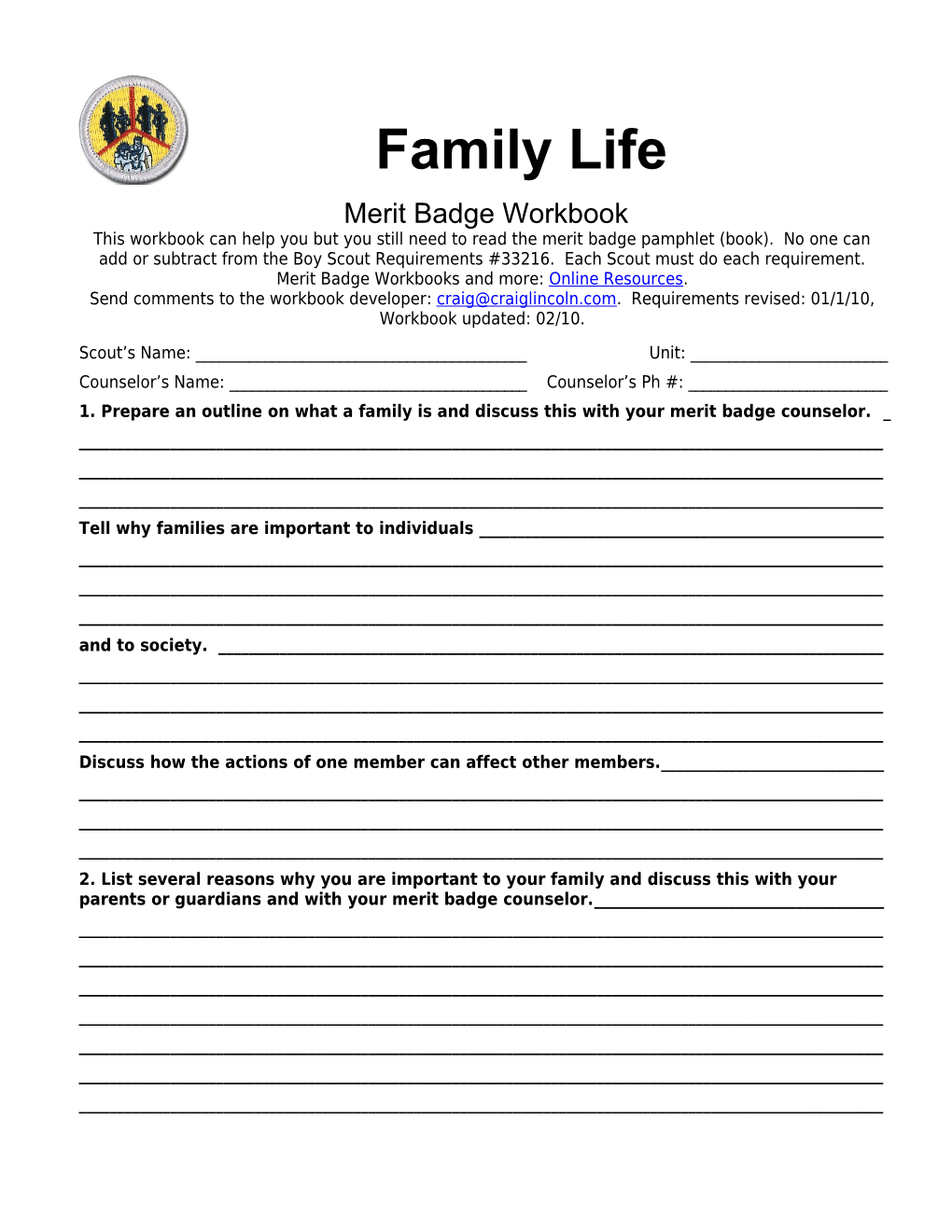 Family Life P. 1 Merit Badge Workbookscout S Name: ______