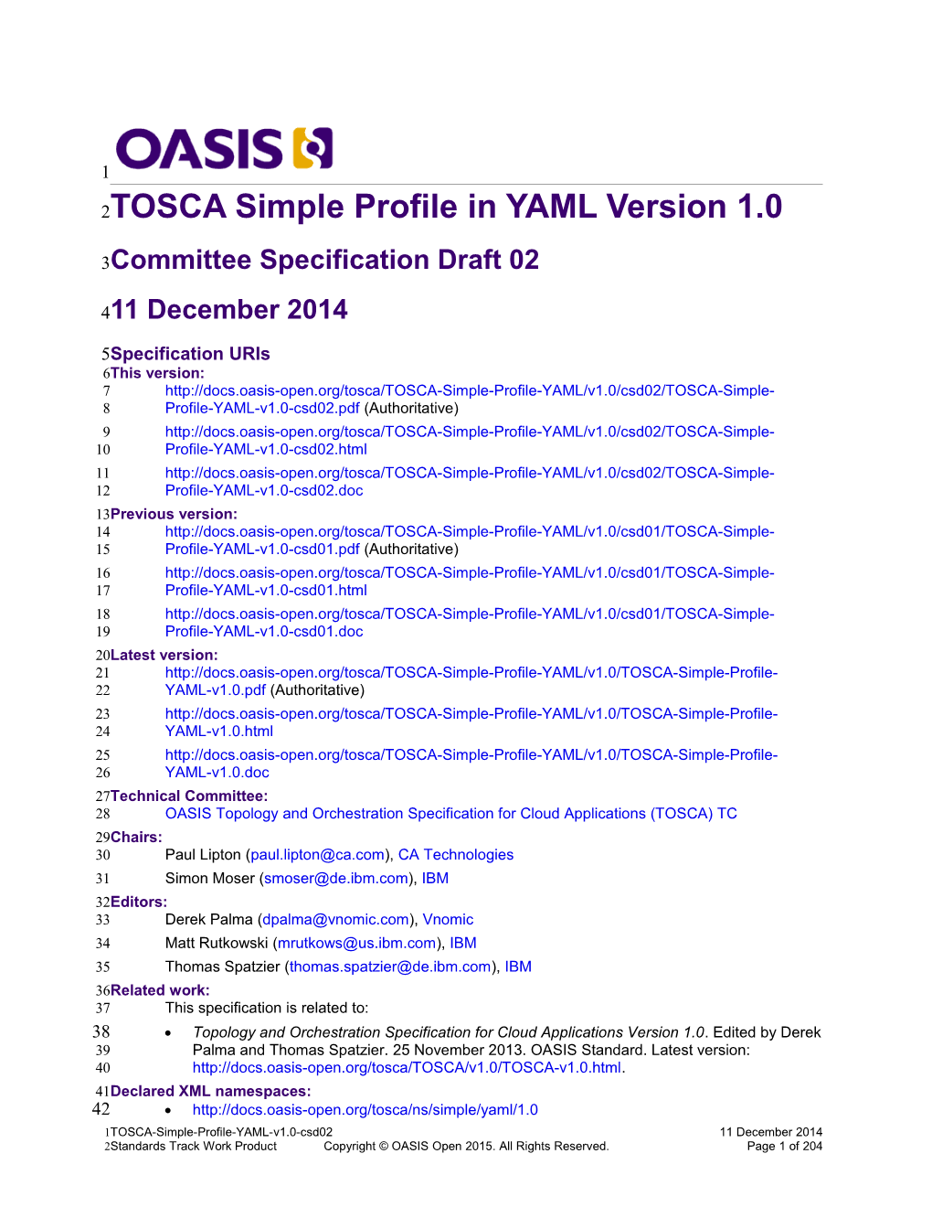 TOSCA Simple Profile In YAML Version 1.0