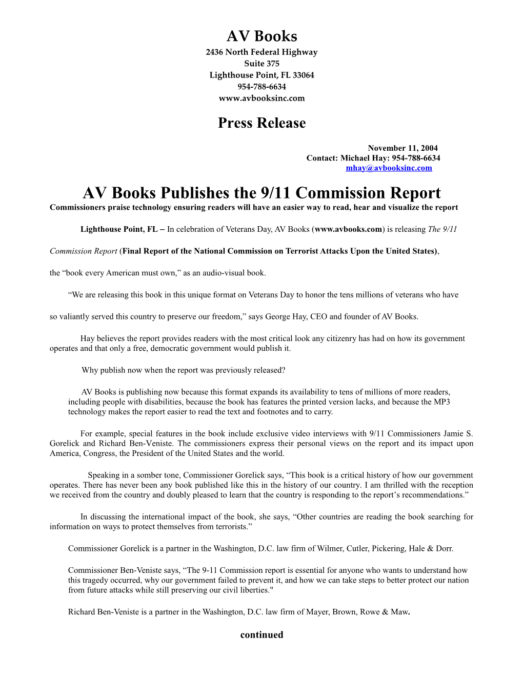 AV Books to Publish the 9/11 Commission Report