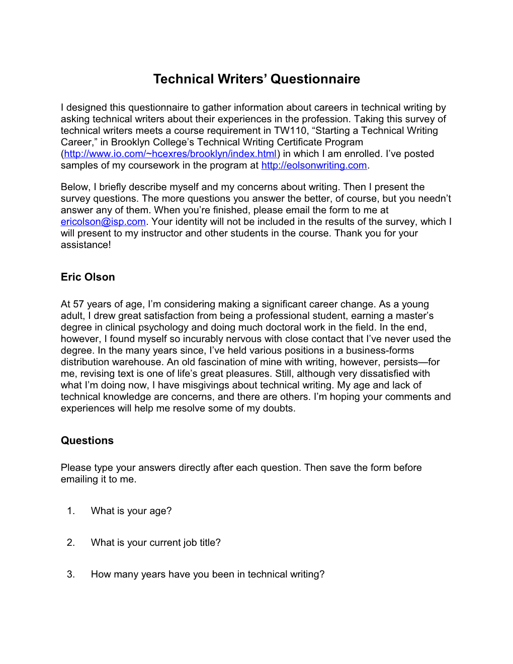 Technical Writing Questionnaire