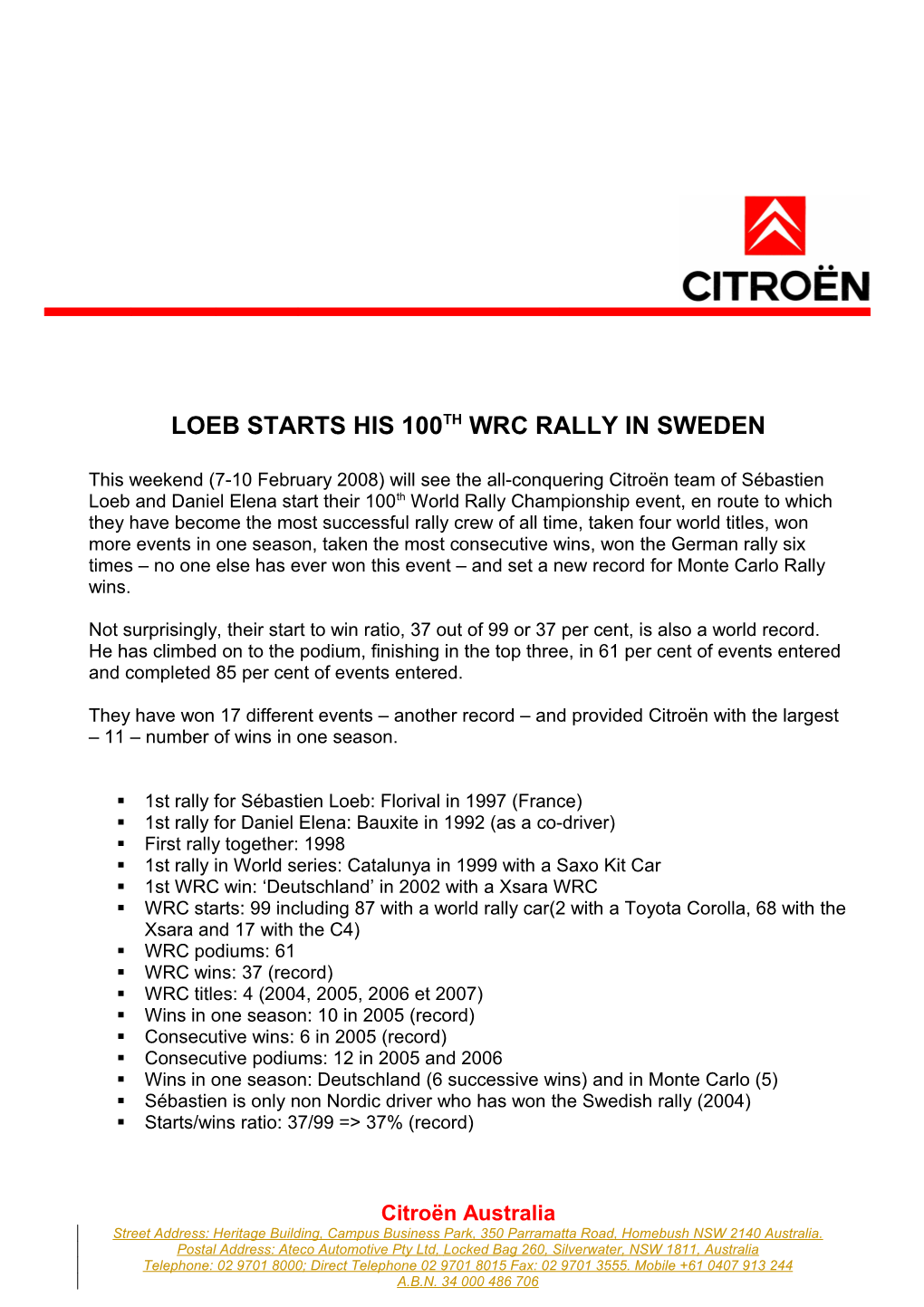 Loeb Starts His 100Th Wrc Rally in Sweden