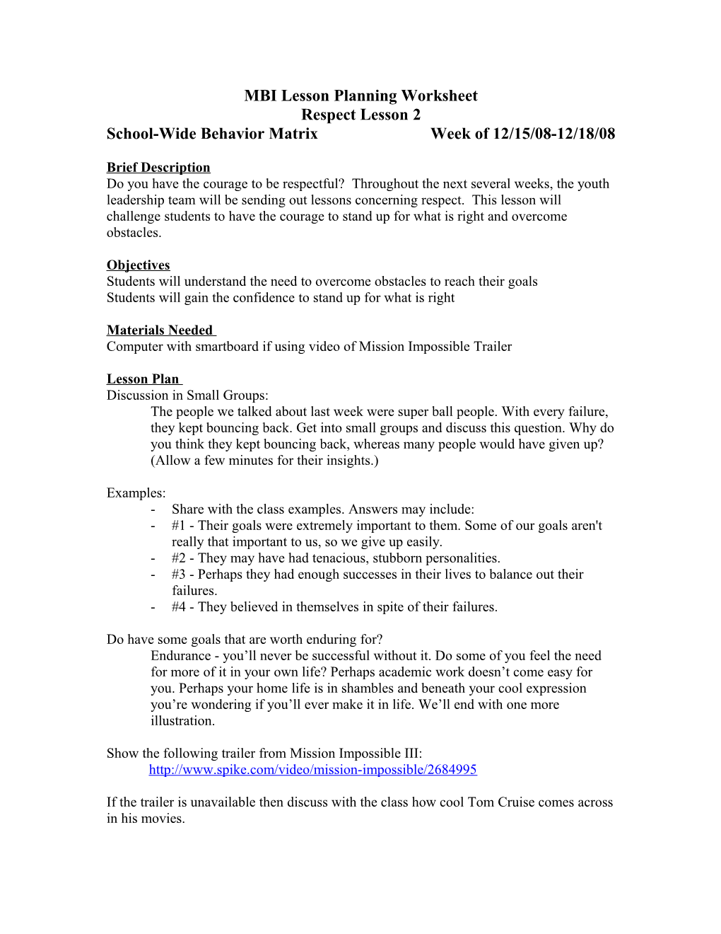 MBI Lesson Planning Worksheet