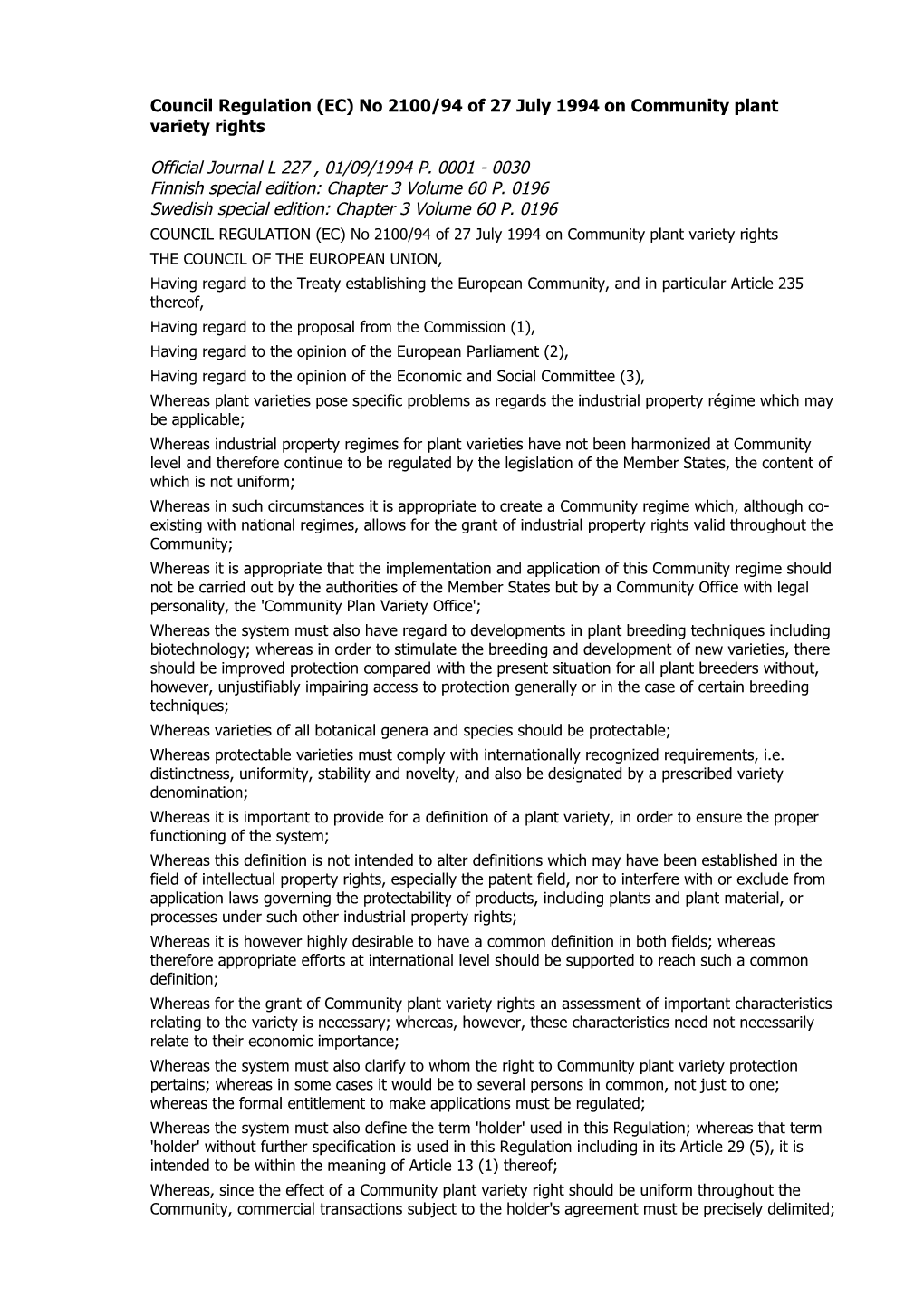 Council Regulation (EC) No 2100/94 of 27 July 1994 on Community Plant Variety Rights