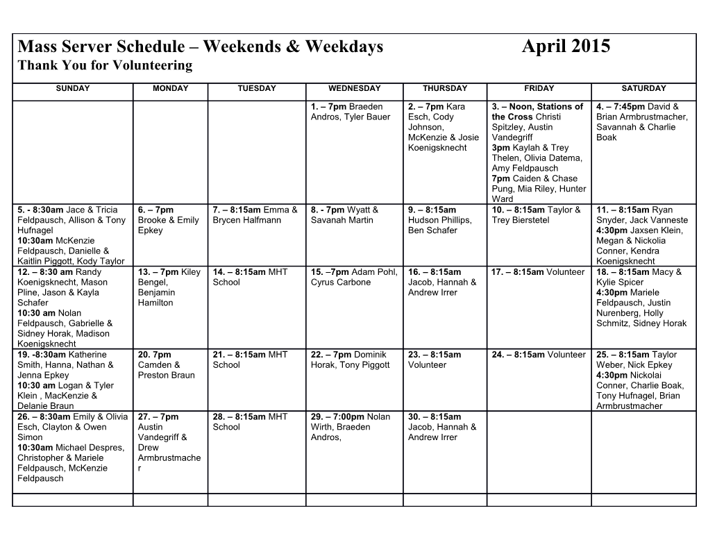 Mass Server Schedule Weekends & Weekdays April 2015