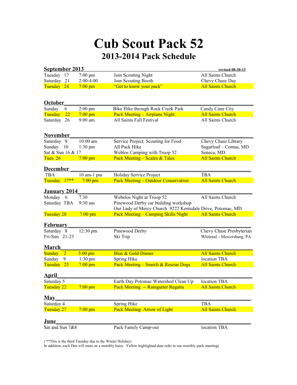 Cub Scout Pack 52 2012-2013 Pack Schedule