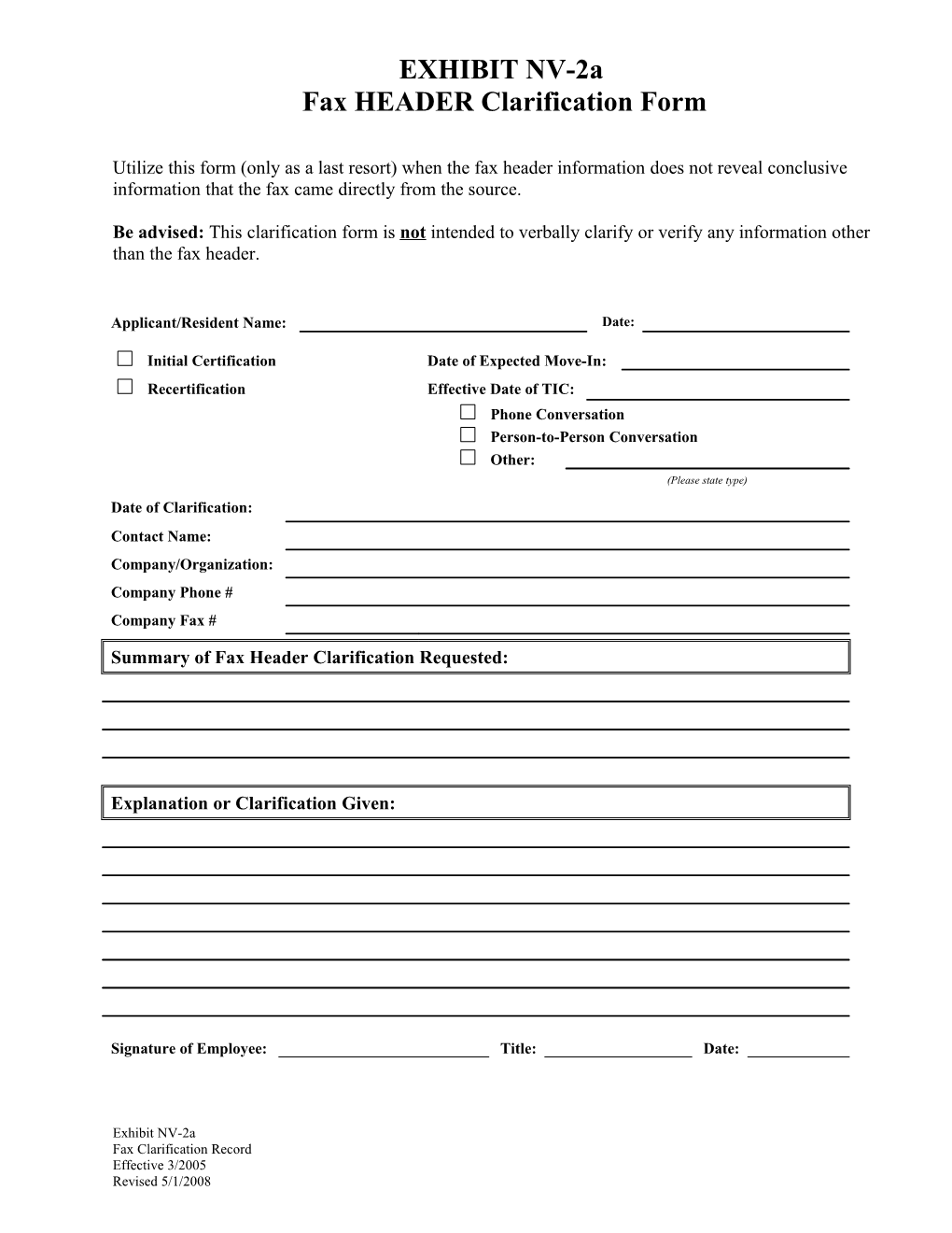 Fax HEADER Clarification Form