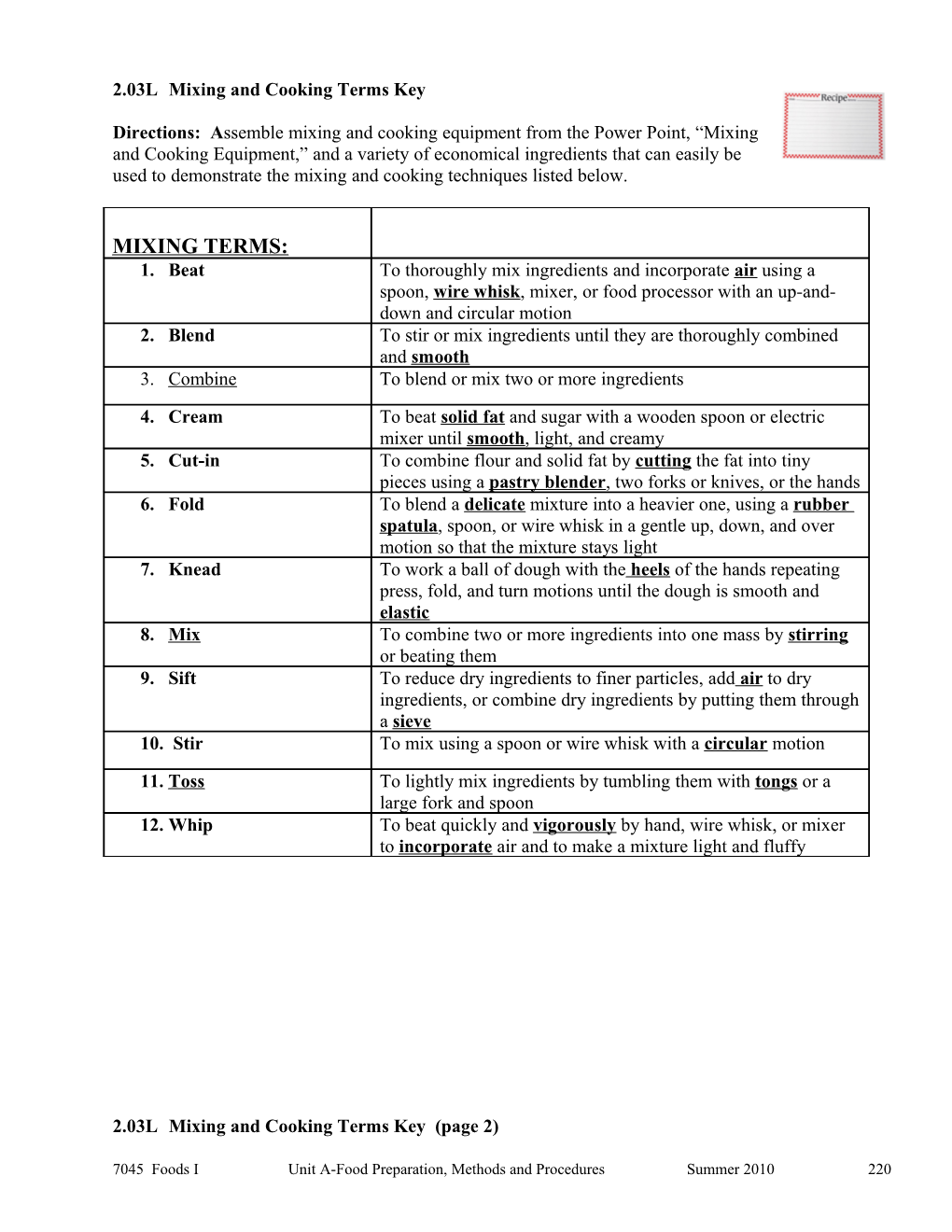 2.03L Mixing and Cooking Terms Key (Page 2)