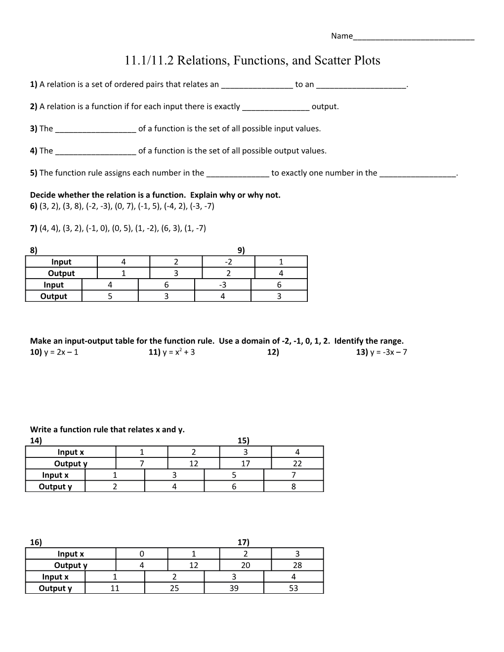 11.1/11.2 Relations, Functions, and Scatter Plots