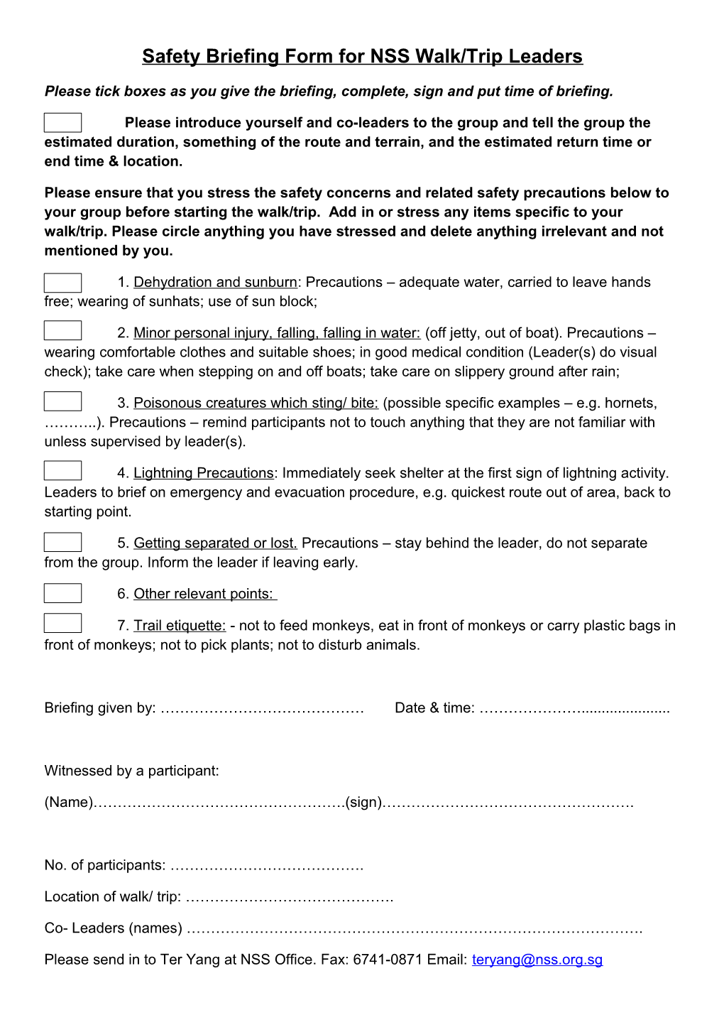 Safety Briefing Form for Guided Walks/ Trips