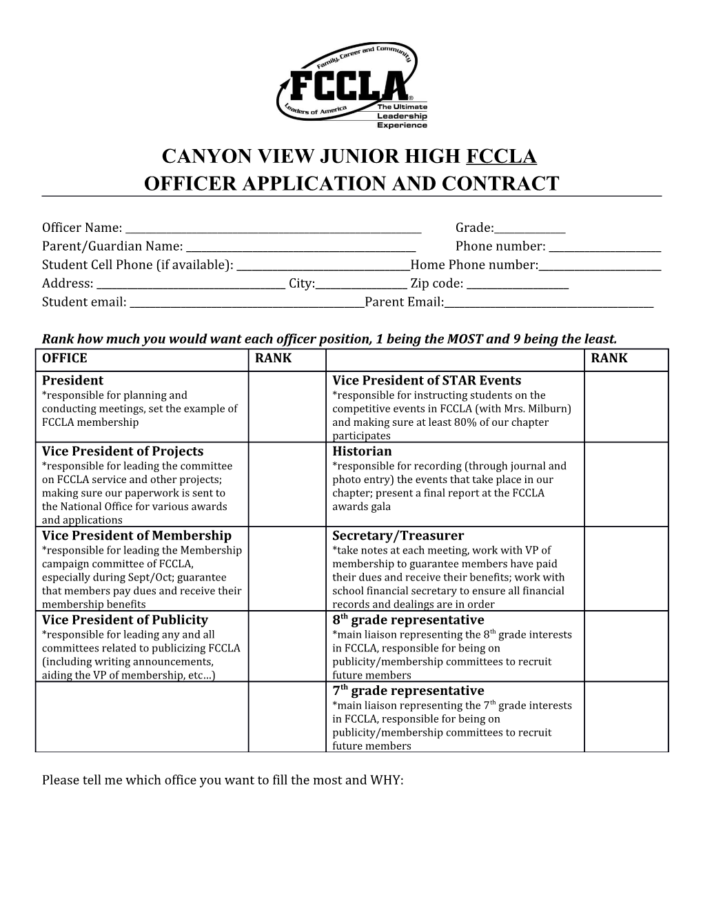 Fccla Chapter Officer Candidate Application and Contract