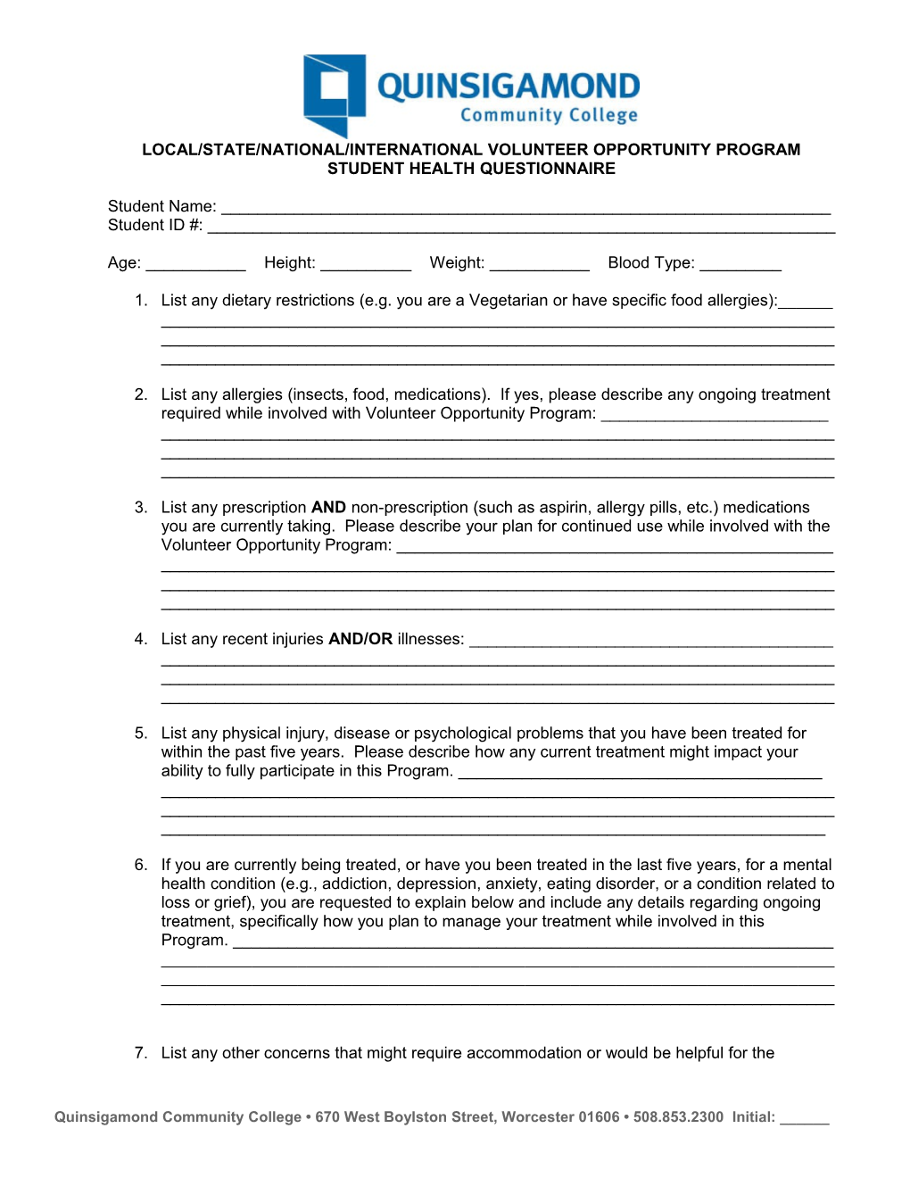 Local/State/National/International Volunteer Opportunity Program Student Health Questionnaire