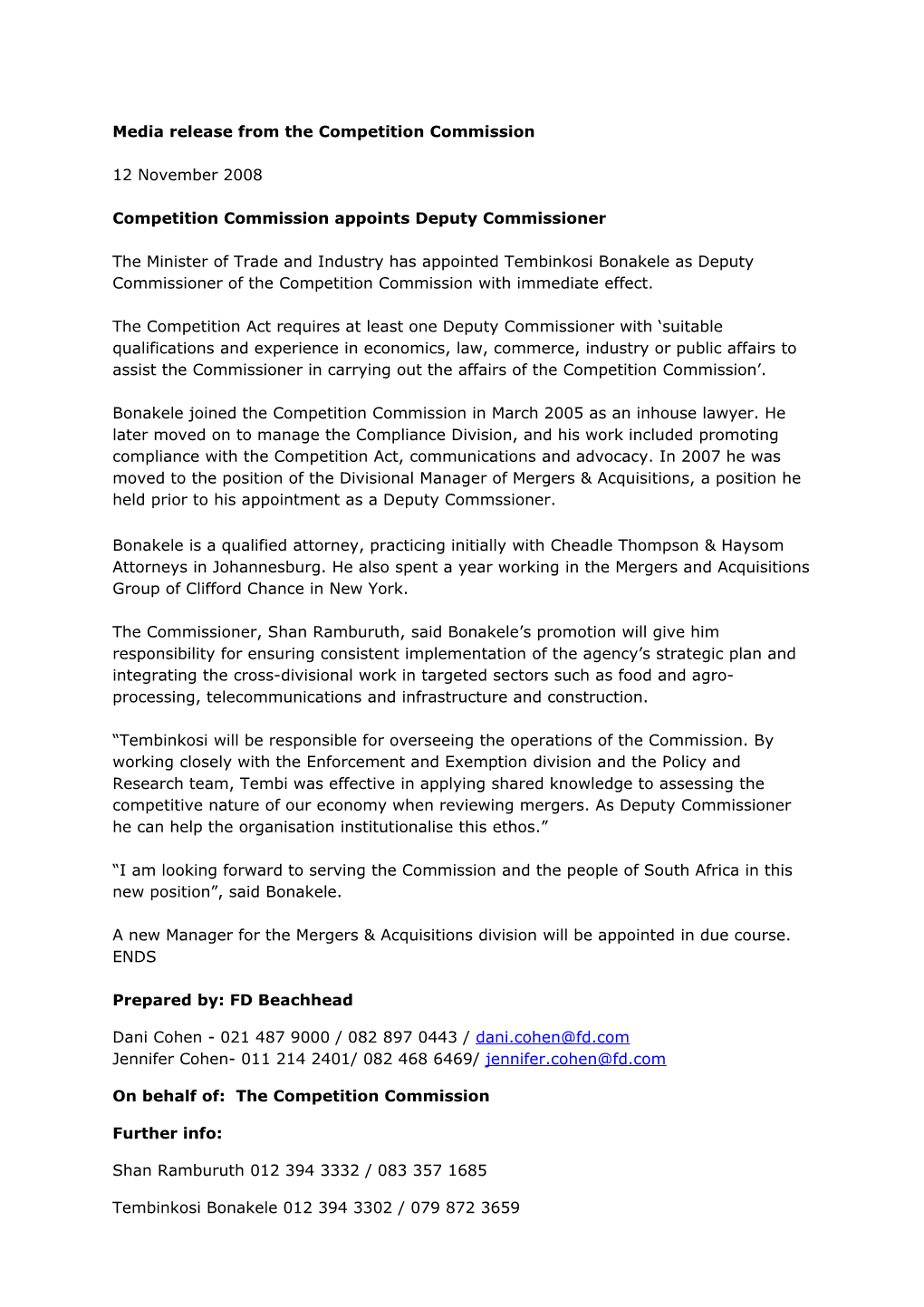 Media Release from the Competition Commission