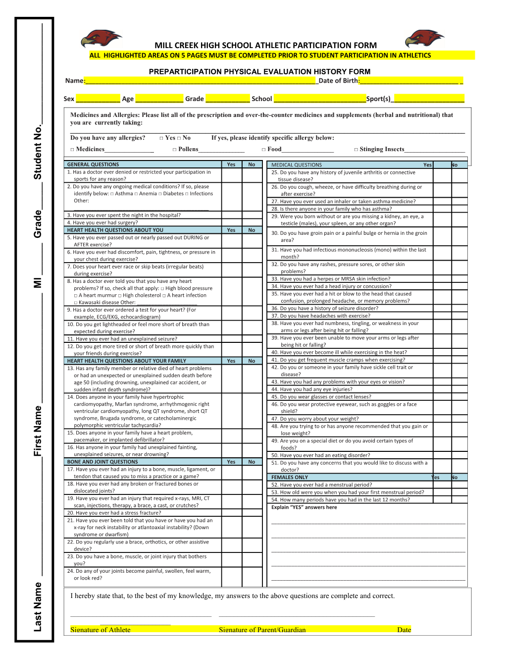 All Highlighted Areas On5 Pages Must Be Completed Prior Tostudent Participation in Athletics