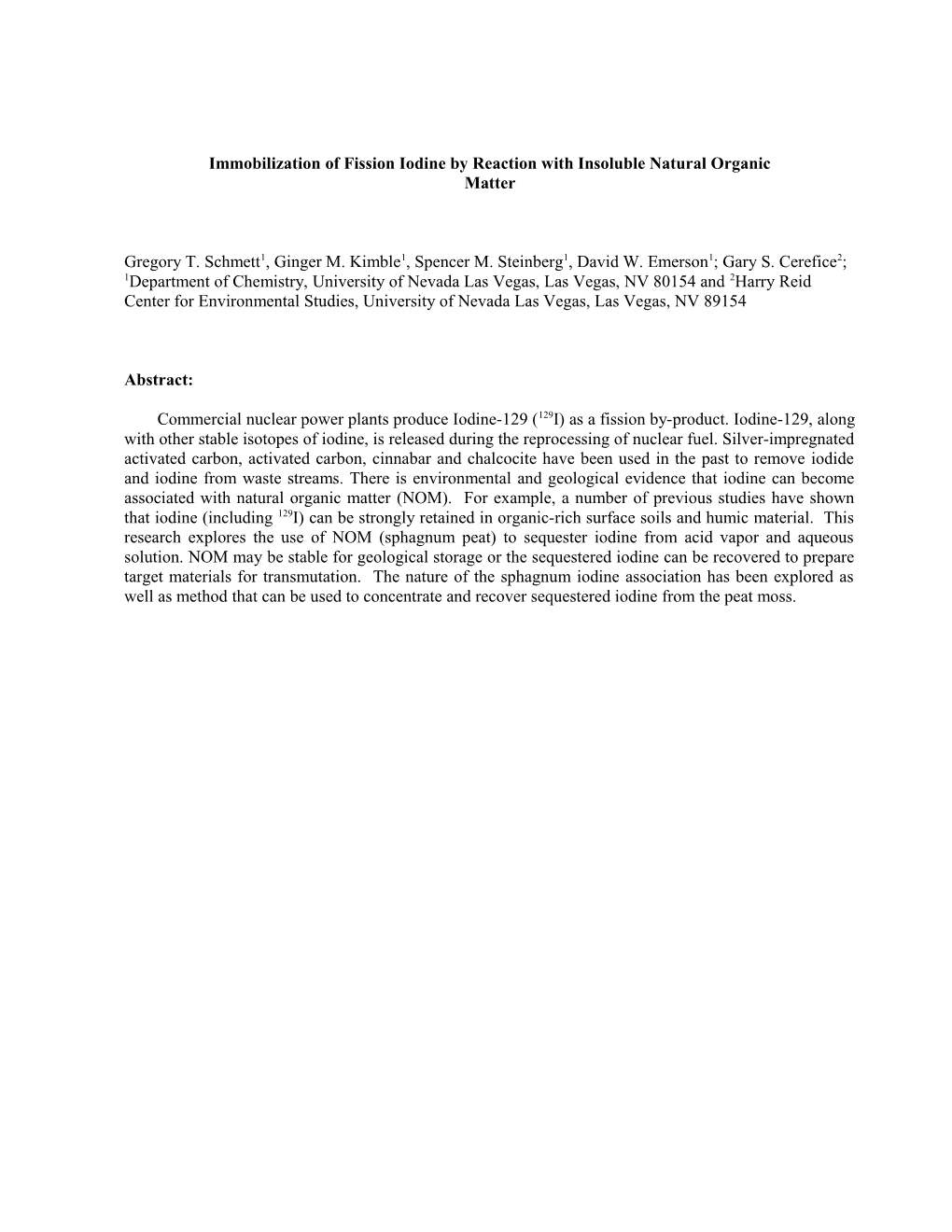 Immobilization of Fission Iodine by Reaction with Insoluble Natural Organic