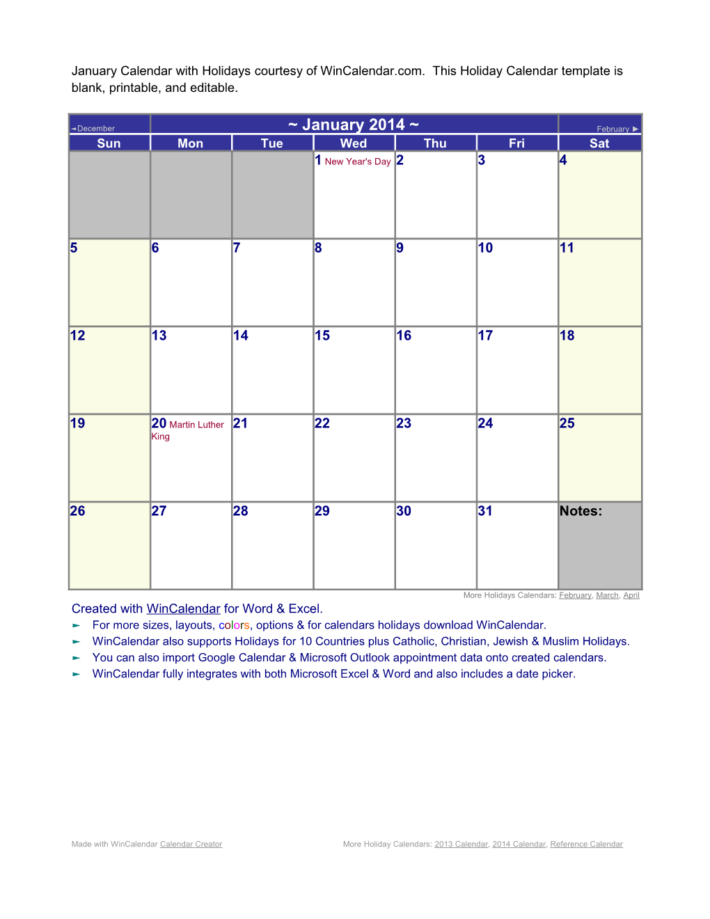 January Calendar with Holidays Courtesy of Wincalendar.Com. This Holiday Calendar Template