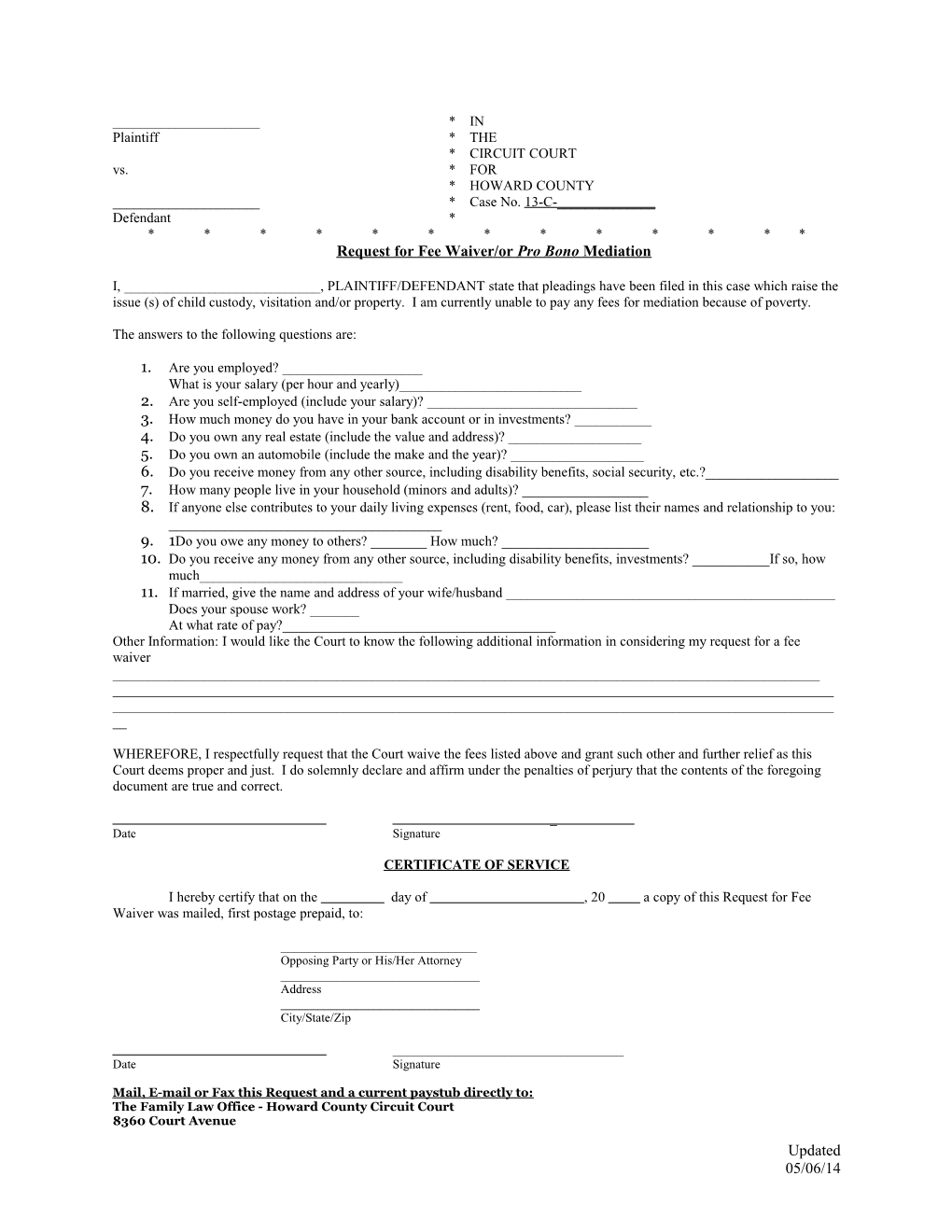 Request for Fee Waiver/Or Pro Bono Mediation