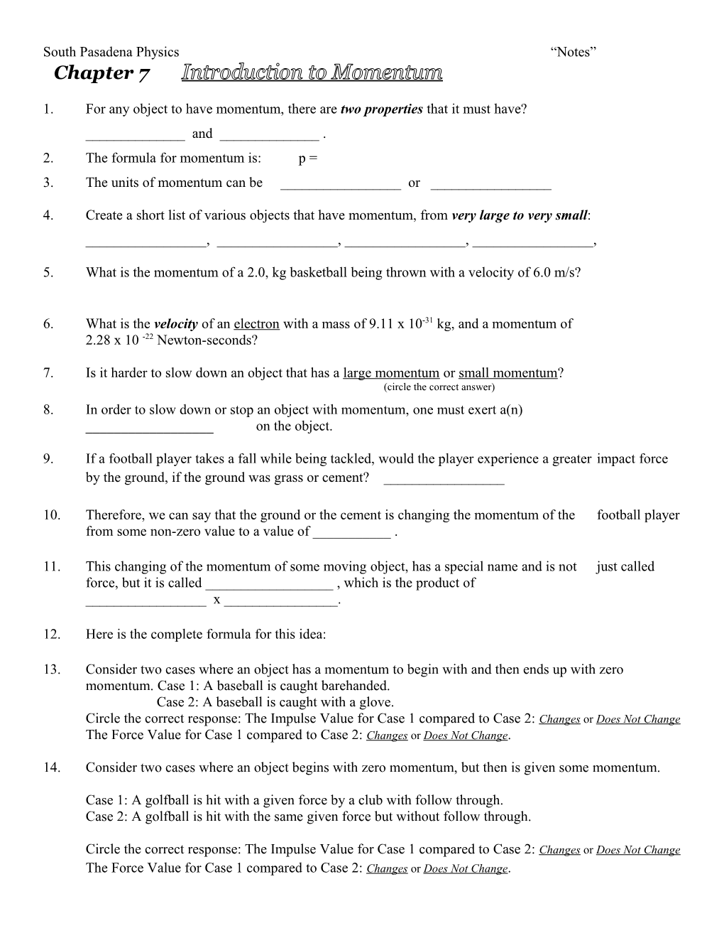 South Pasadena Physics Notes