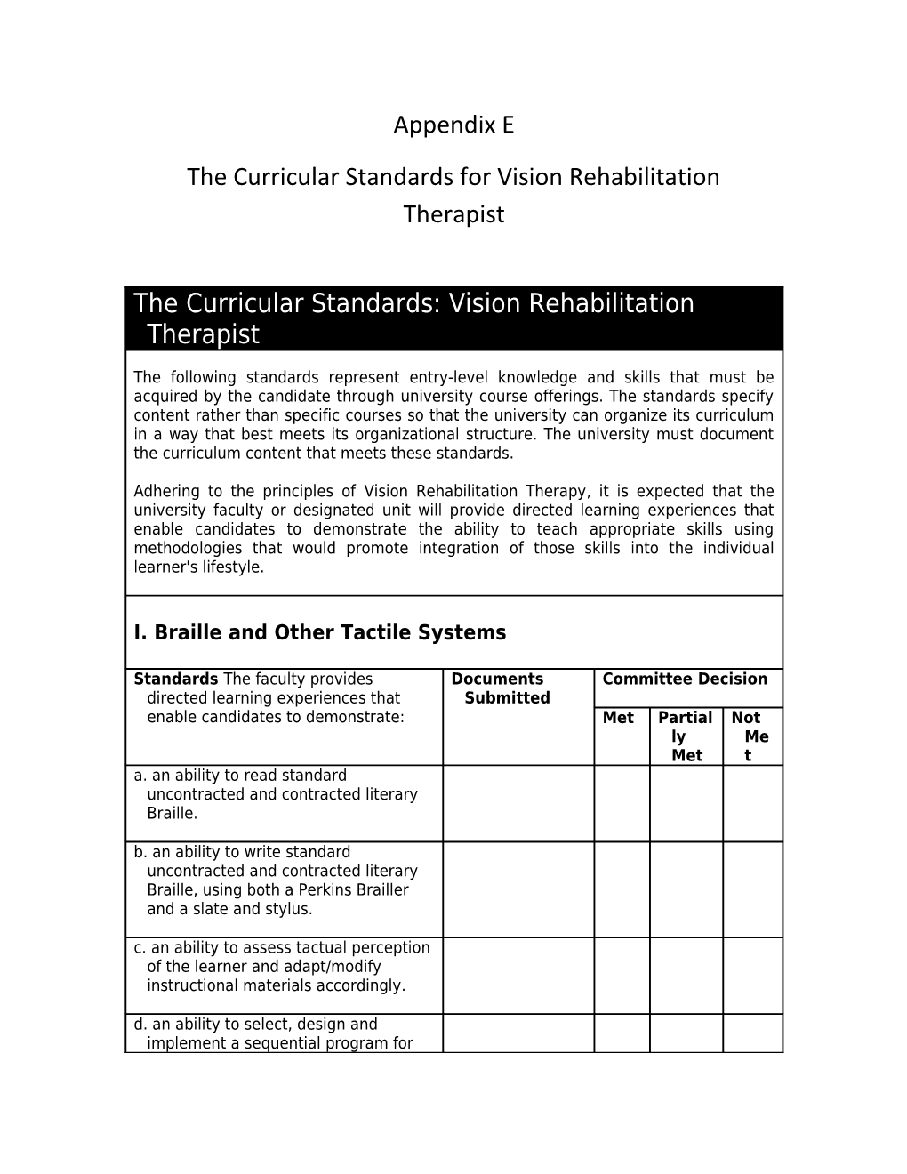 The Curricular Standards for Vision Rehabilitation Therapist