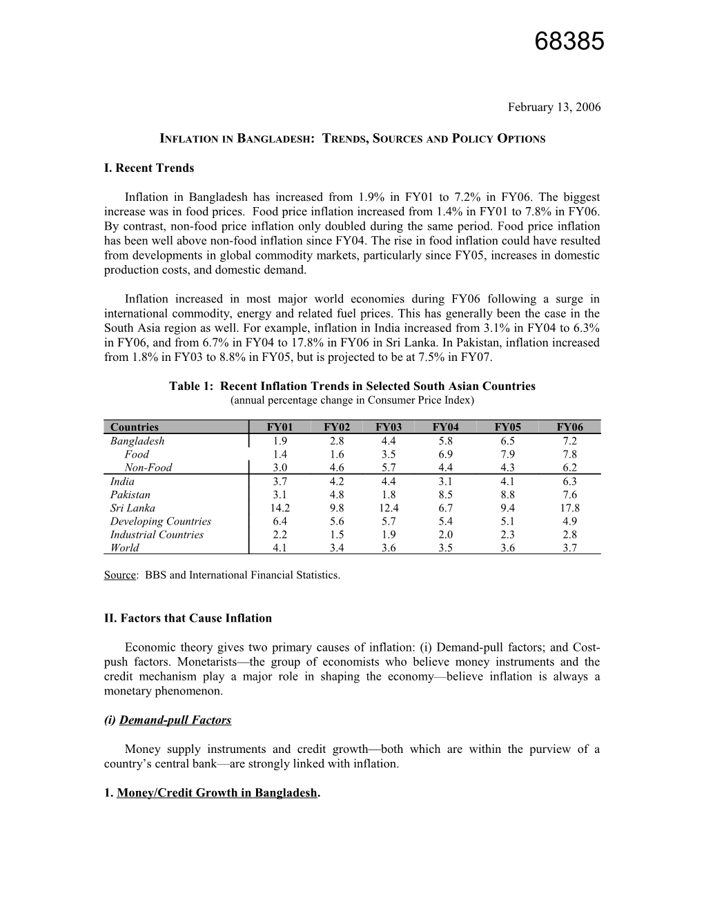 Bangladesh: Inflation Trends, Sources and Policy