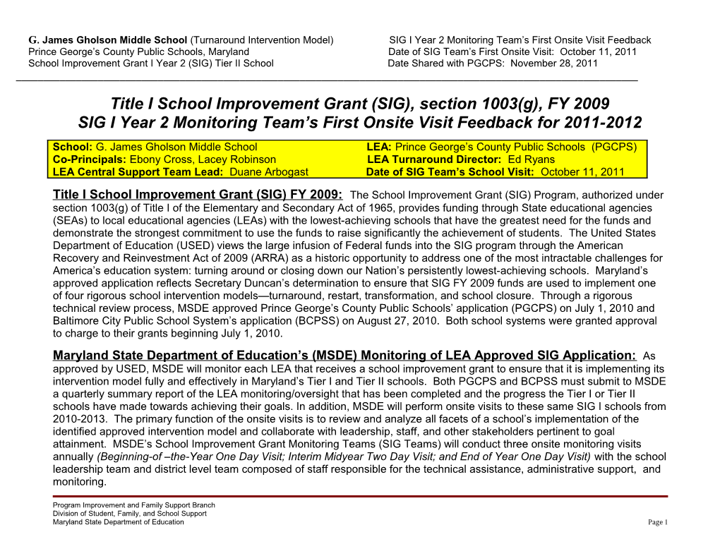 Title I School Improvement Grant (SIG), Section 1003(G), FY 2009