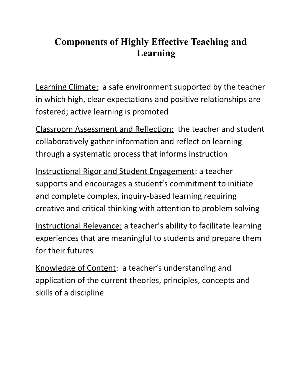 Components of Highly Effective Teaching and Learning