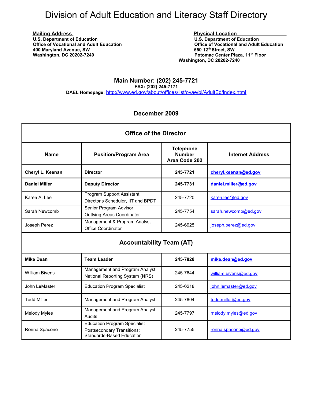 Division of Adult Education and Literacy Staff Directory