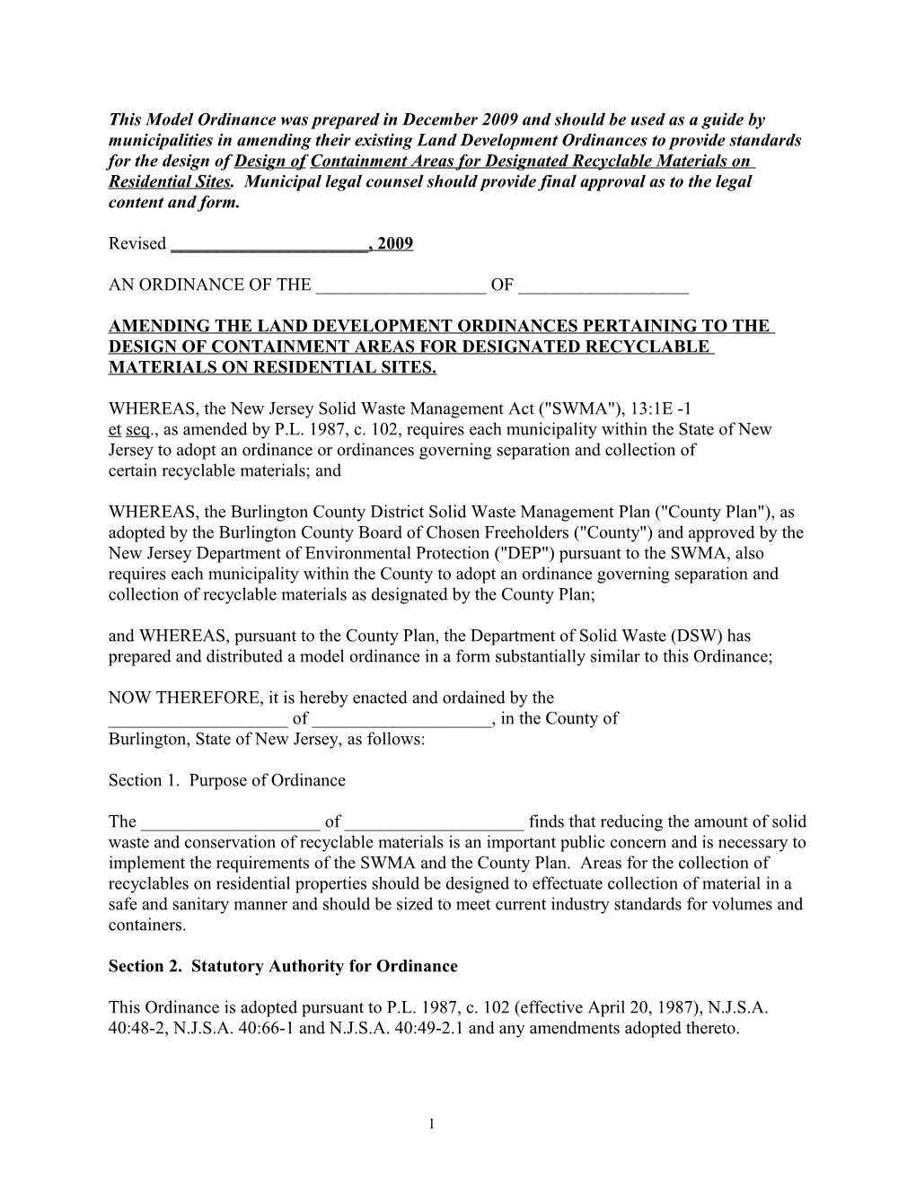 This Model Ordinance Was Prepared in December 2009 and Should Be Used As a Guide By