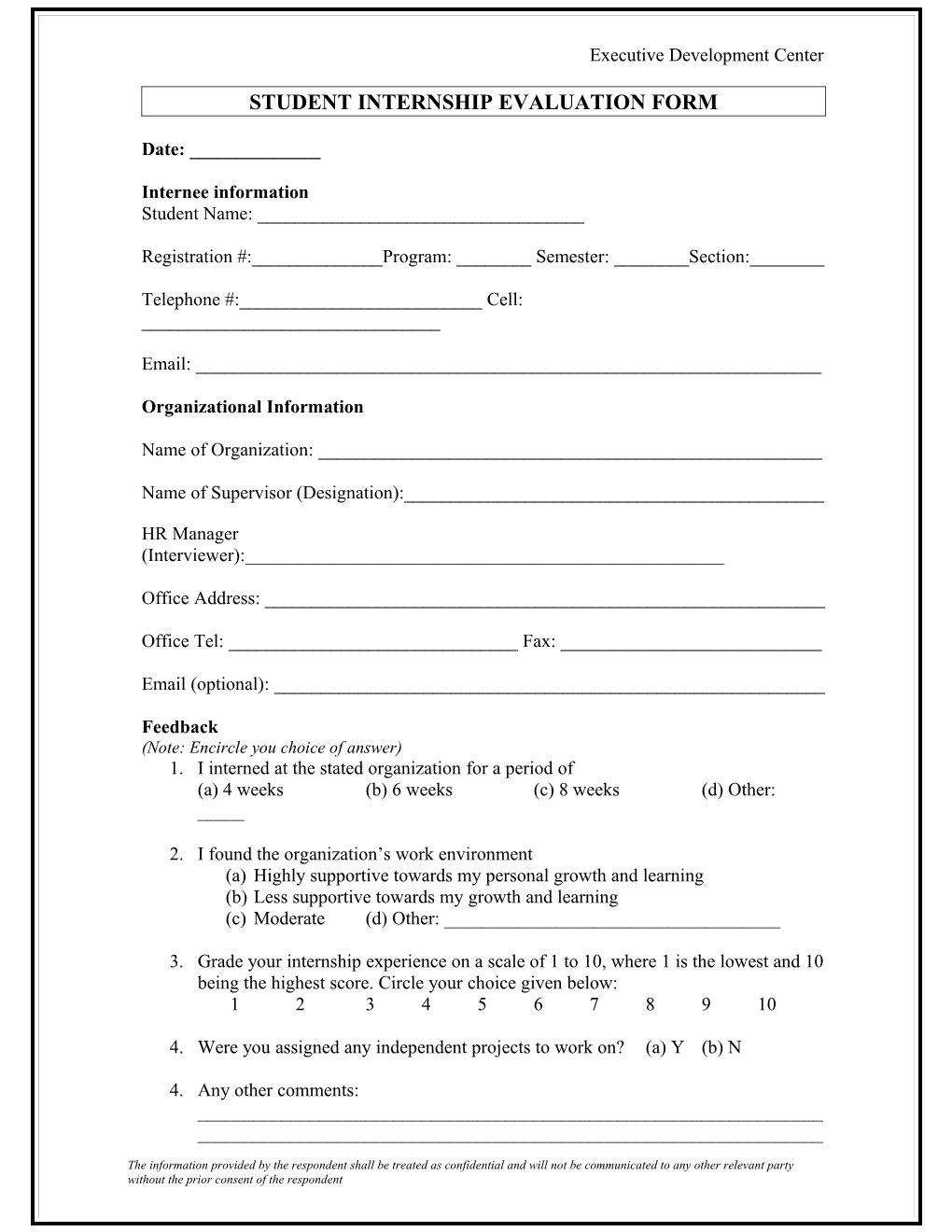 SZABIST Internship Evaluation Form