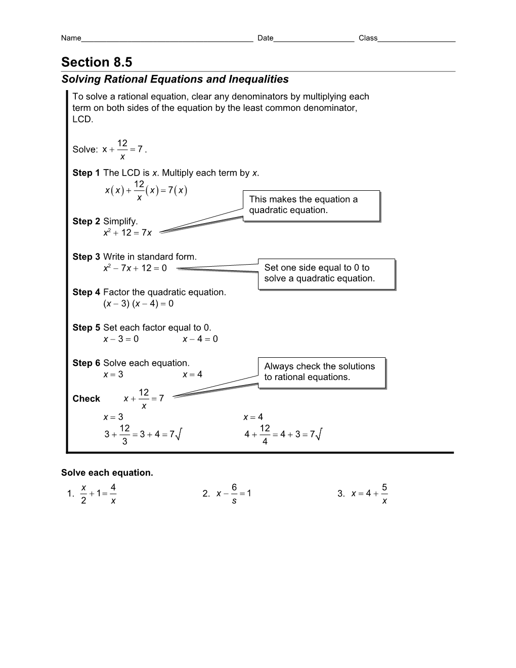 Solving Rational Equations and Inequalities