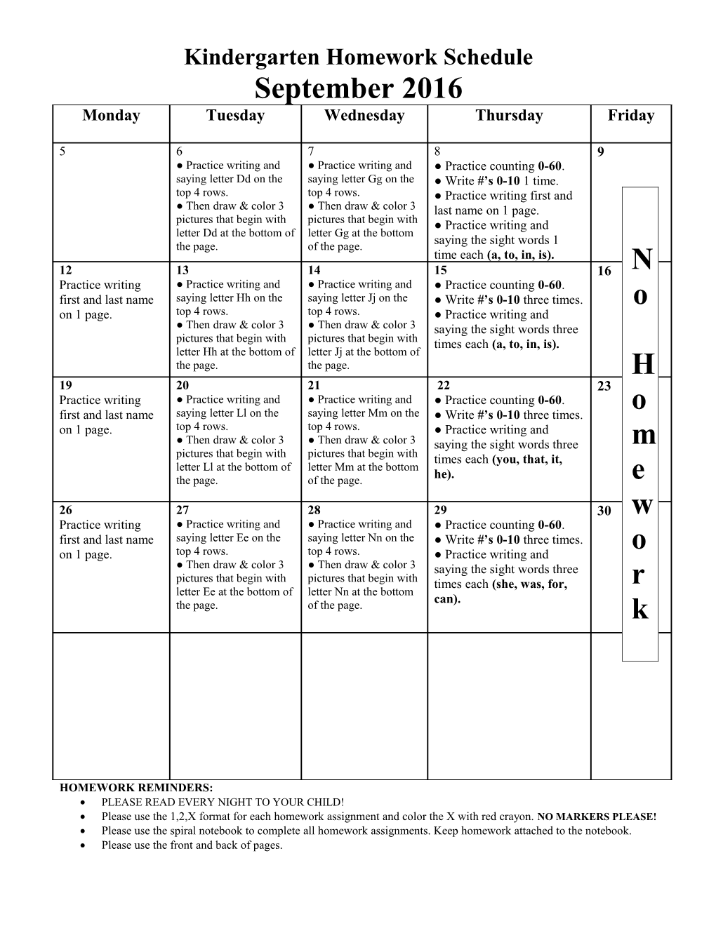 Kindergarten Homework Schedule