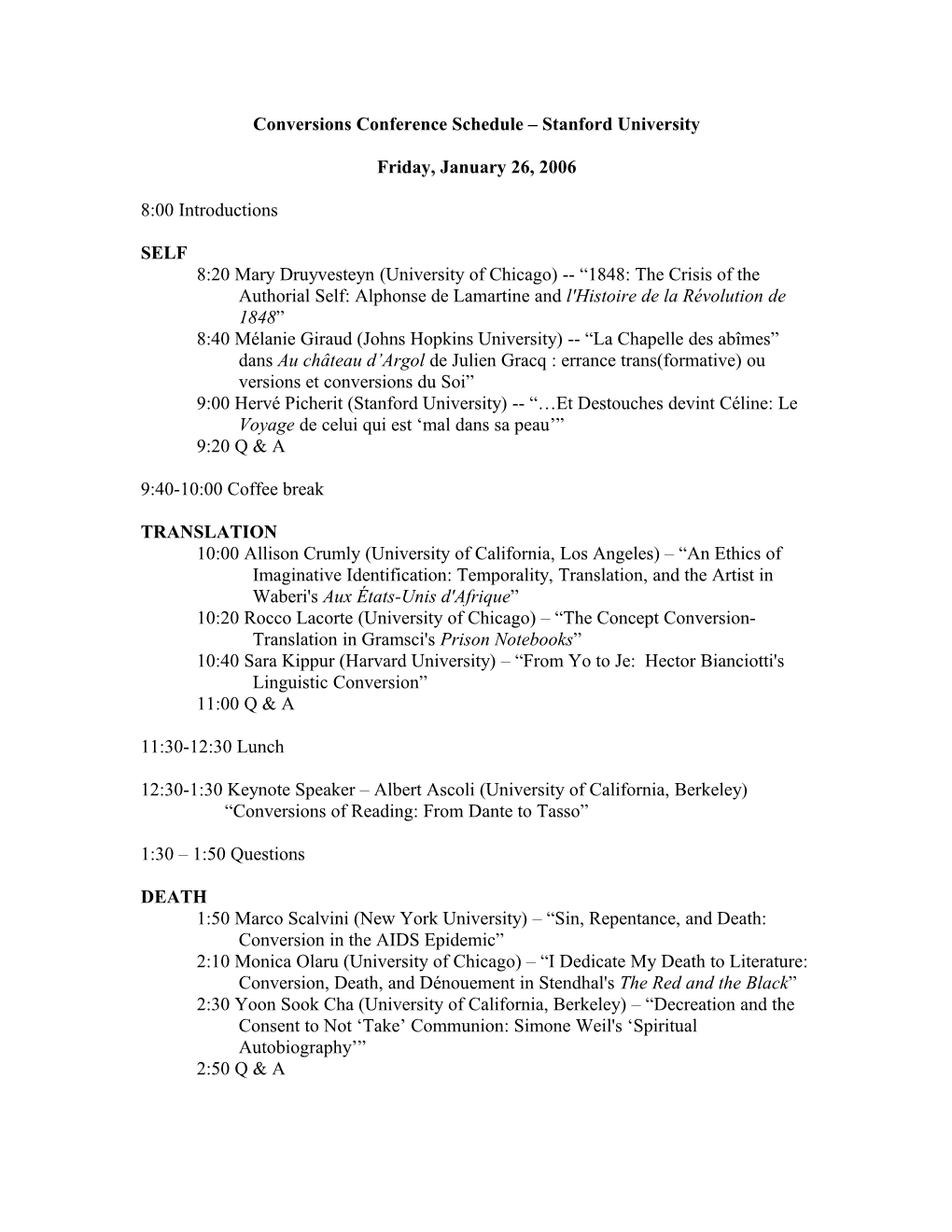 Conversions Conference Schedule Stanford University