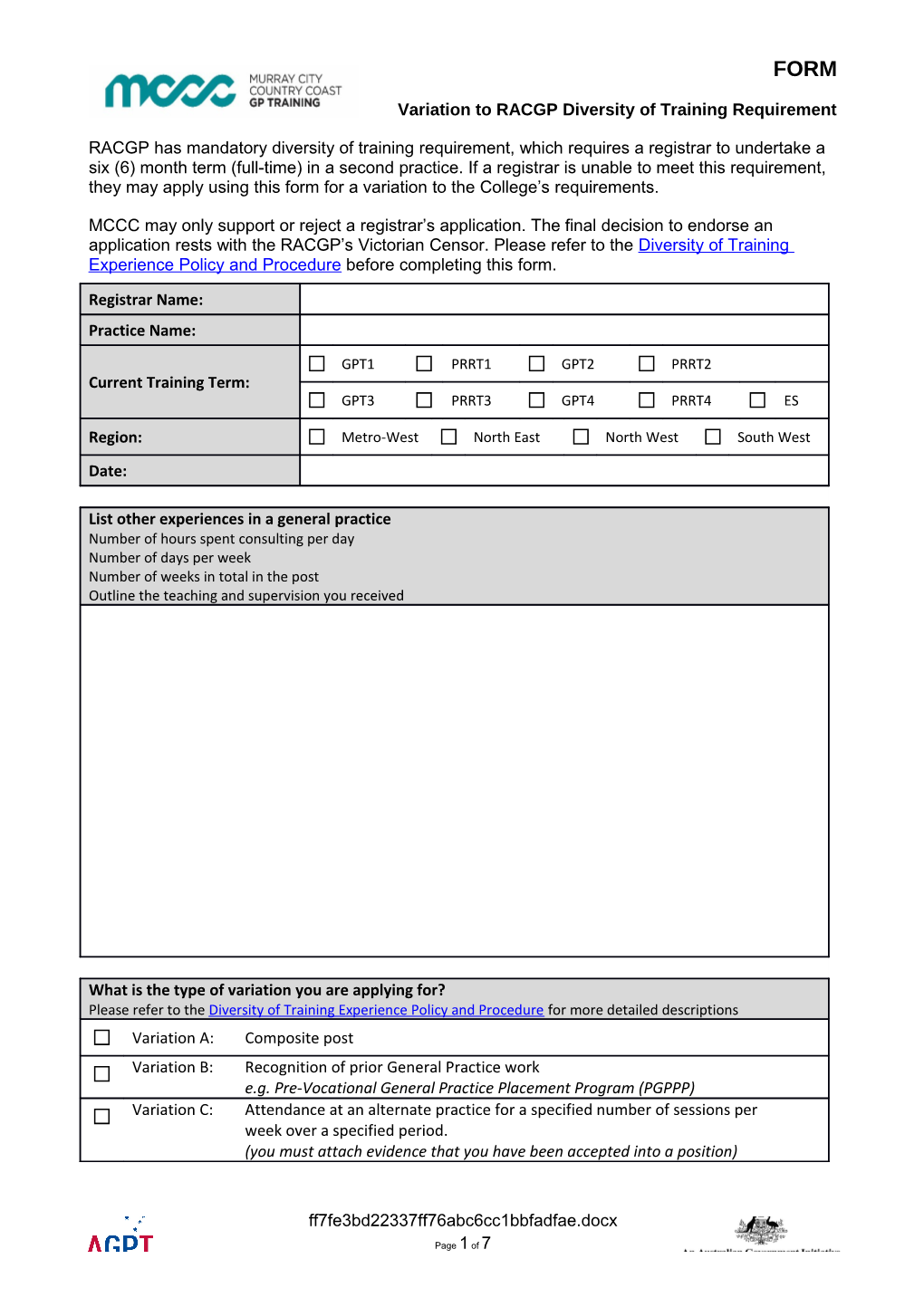 Variation to RACGP Diversity of Training Requirement