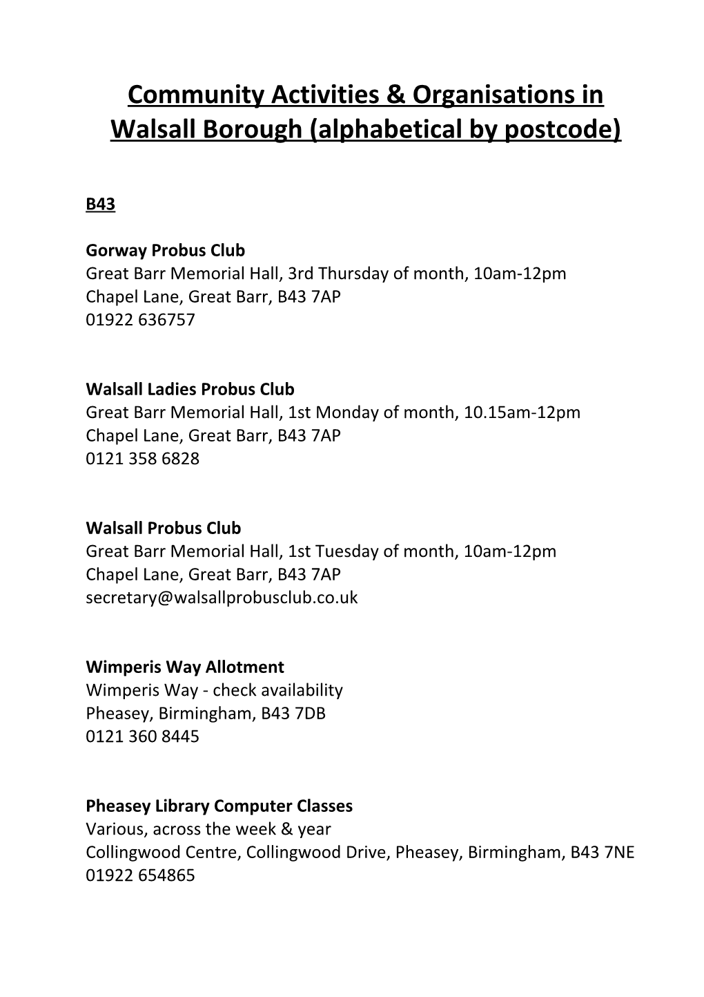 Community Activities & Organisations in Walsall Borough (Alphabetical by Postcode)