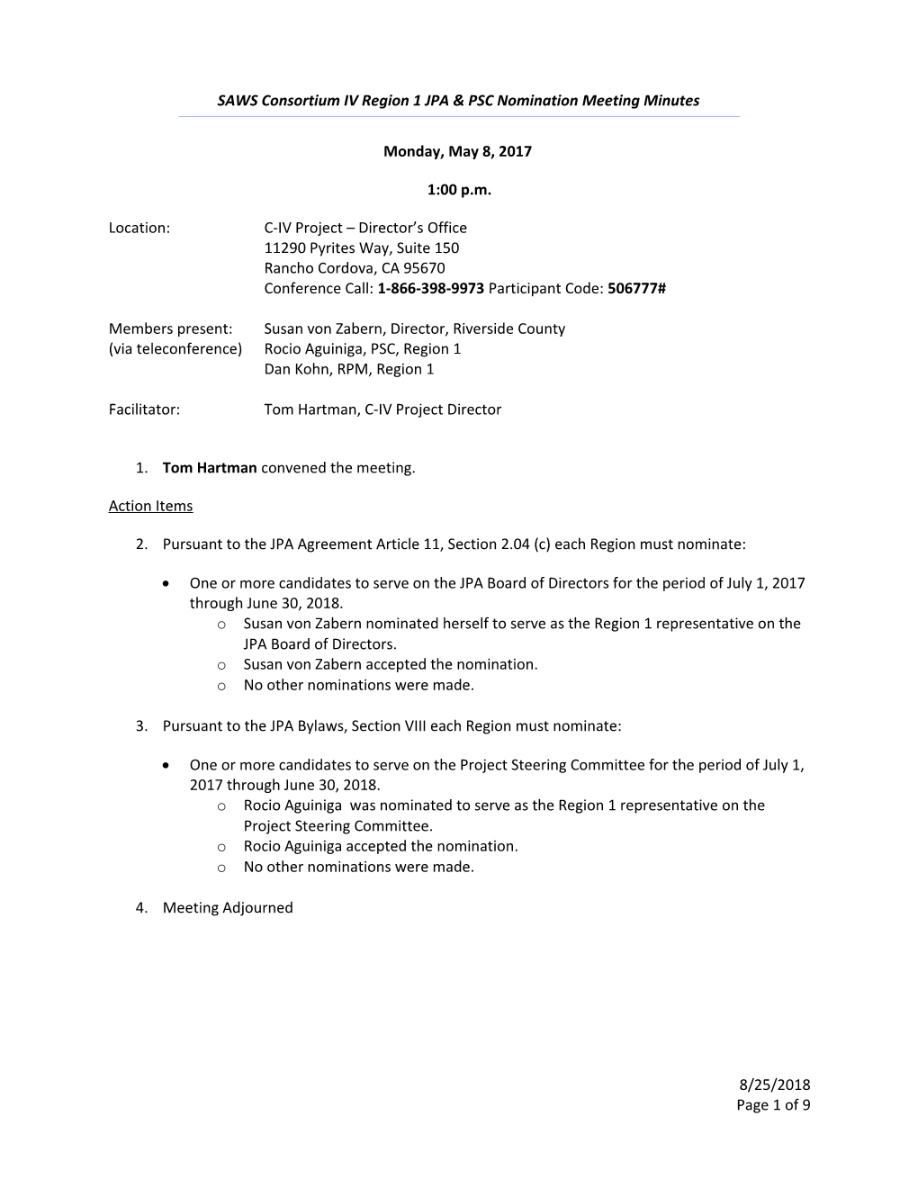 SAWS Consortium IV Region 1 JPA & PSC Nomination Meeting Minutes