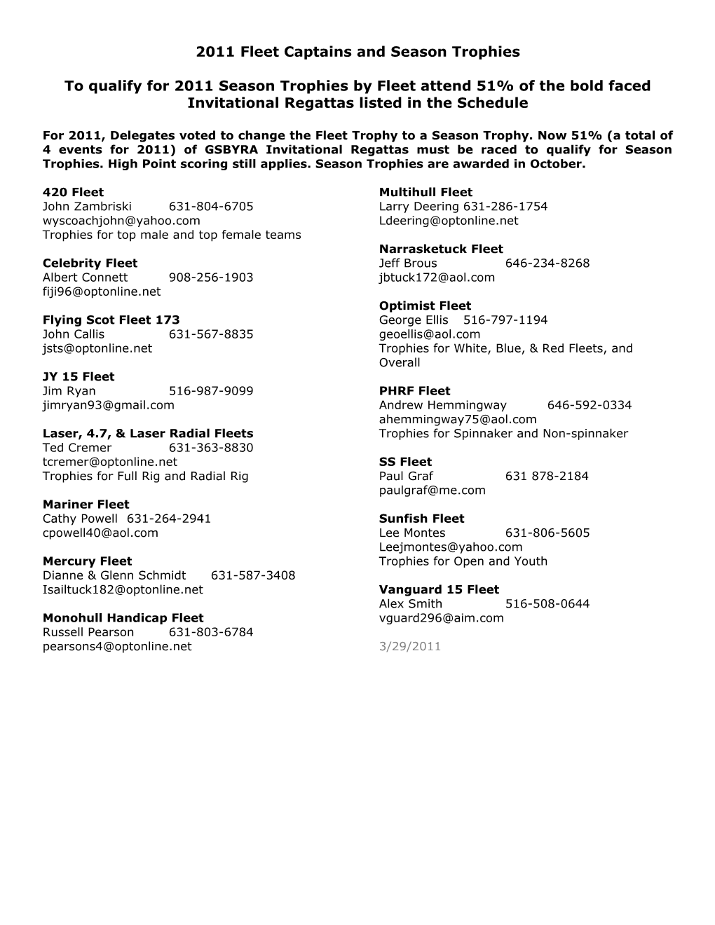 2010 Fleet Captains and Fleet Trophy Qualifiers