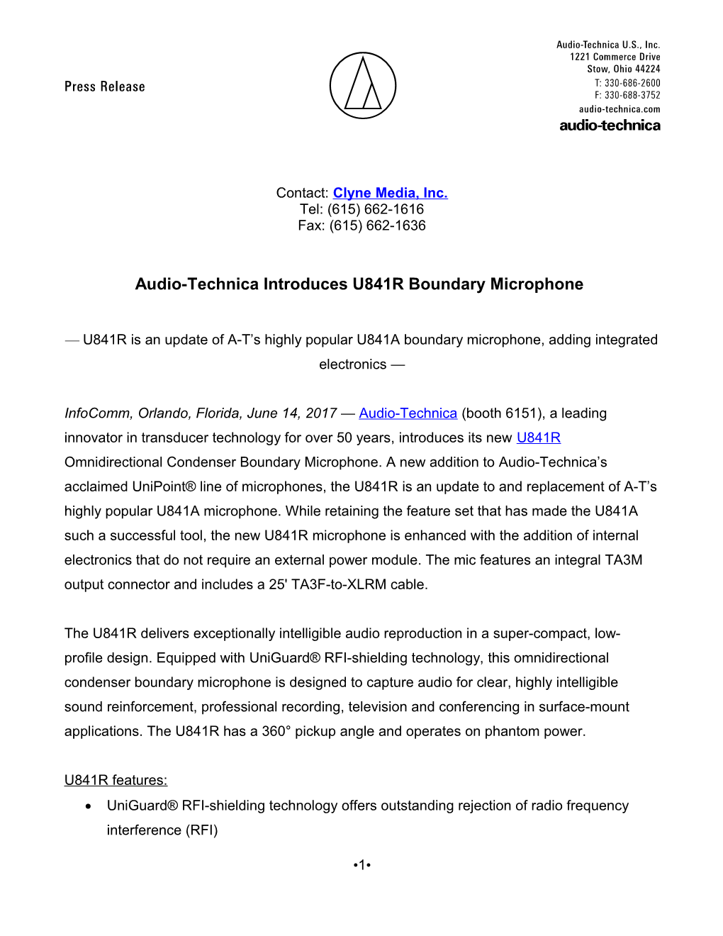 Audio-Technica Introduces U841R Boundary Microphone