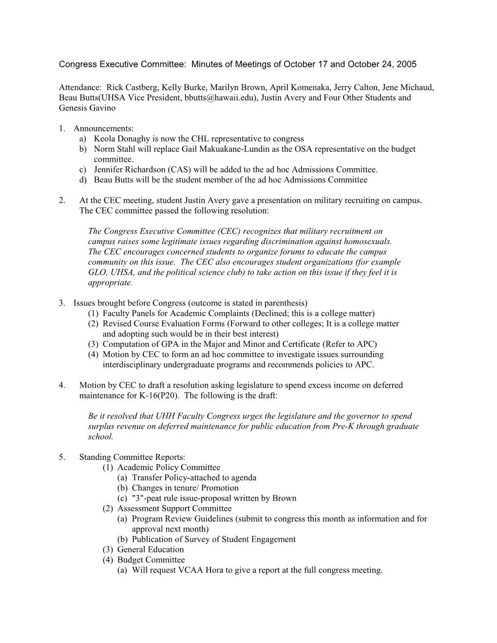 Congress Executive Committee: Minutes of Meetings of October 17 and October 24, 2005