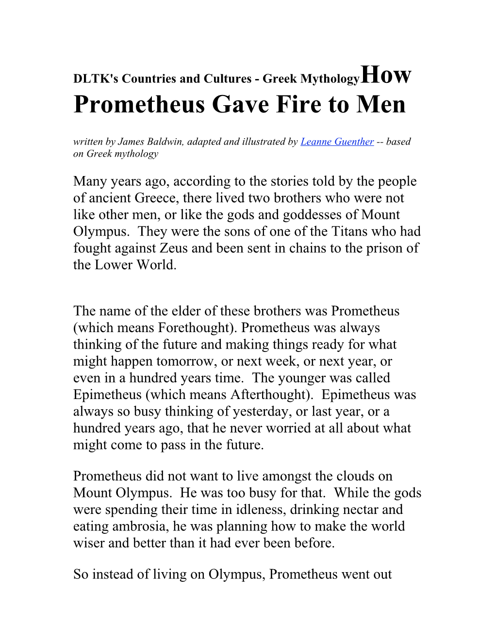 DLTK's Countries and Cultures - Greek Mythology How Prometheus Gave Fire to Men