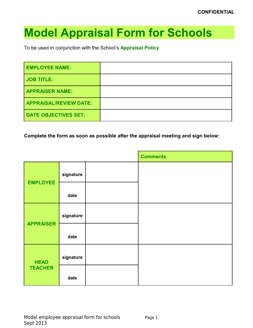 Model Appraisal Form for Schools