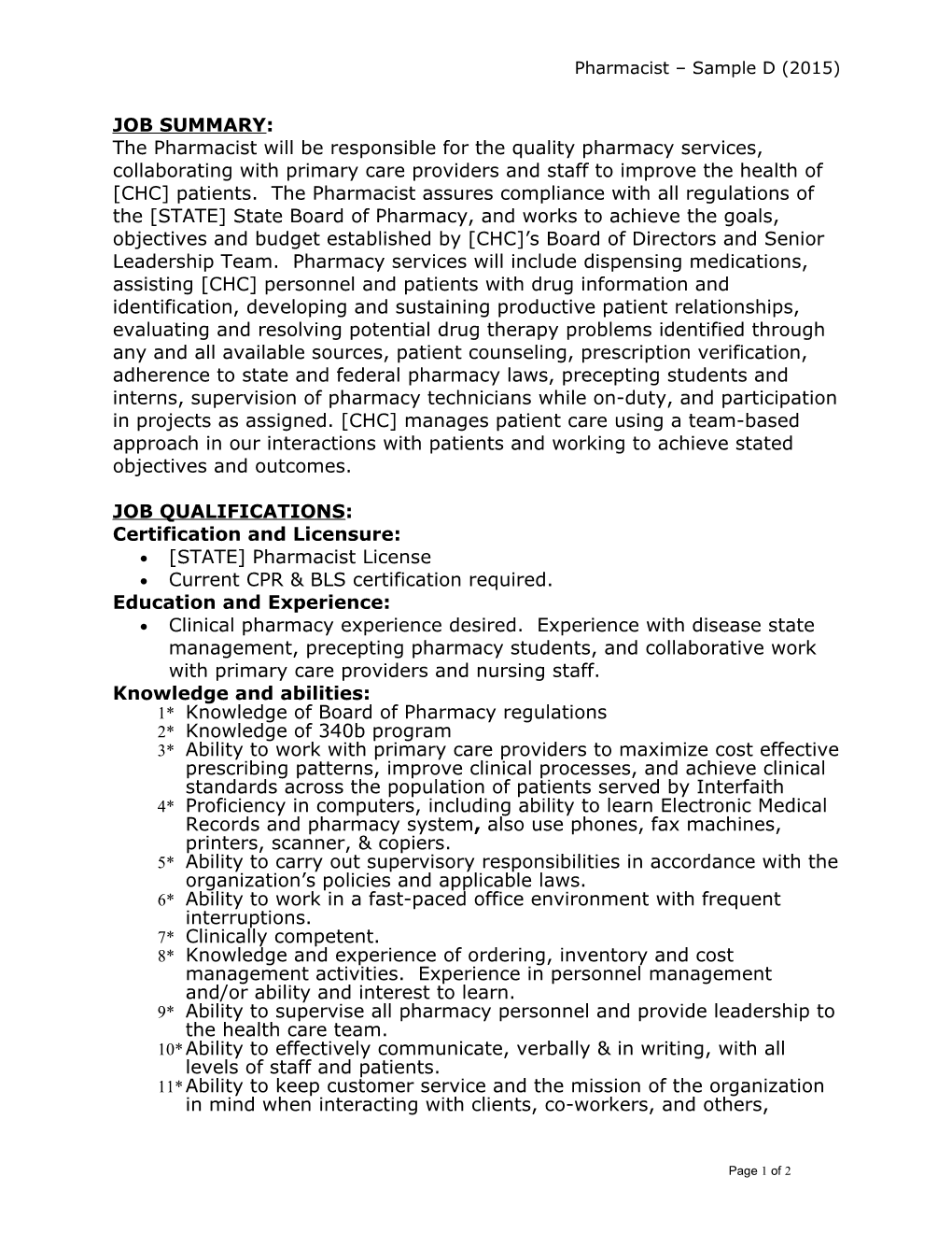 Pharmacist Sample D (2015)