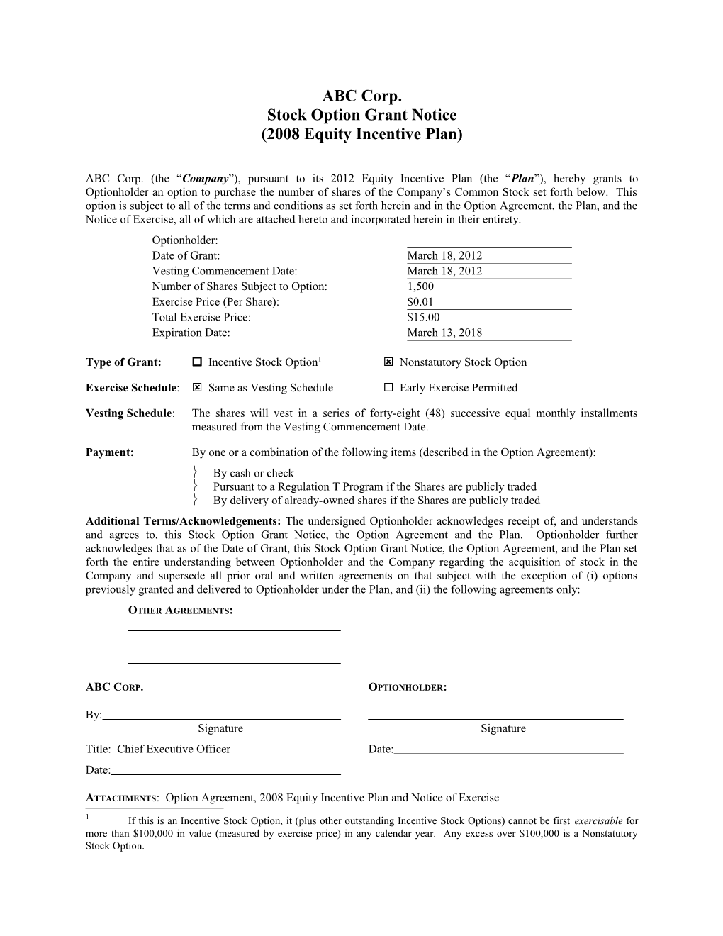 ABC Corp. Stock Option Grant Notice (2008 Equity Incentive Plan)