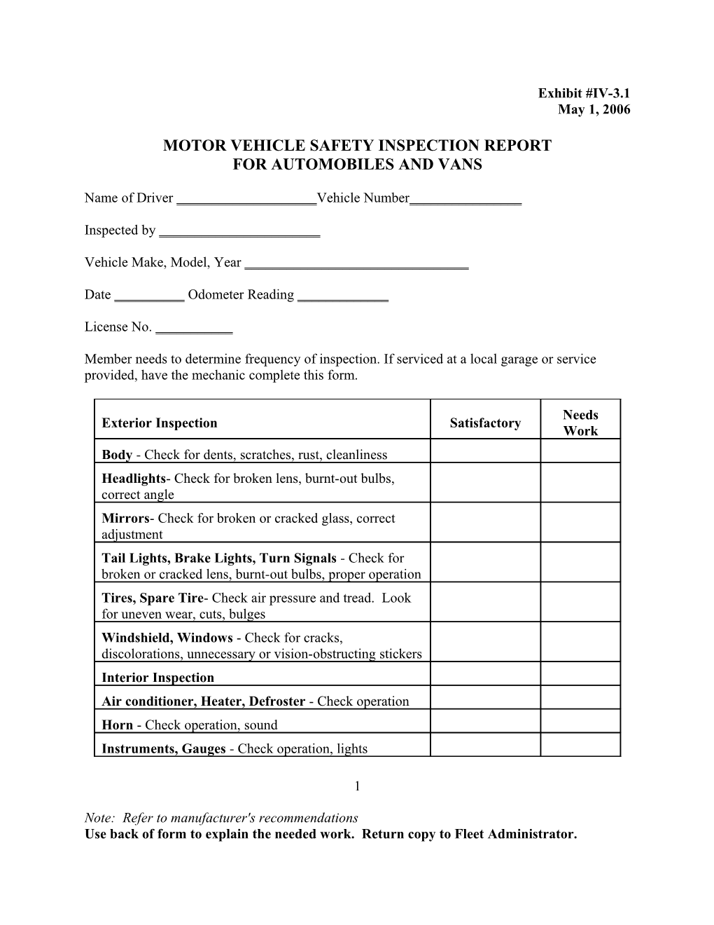 Motor Vehicle Safety Inspection Report