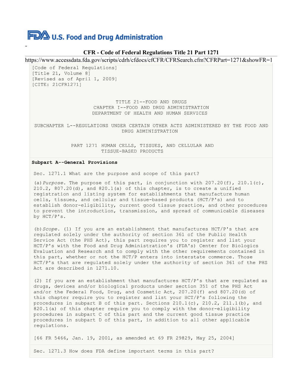 CFR - Code of Federal Regulations Title 21 Part 1271