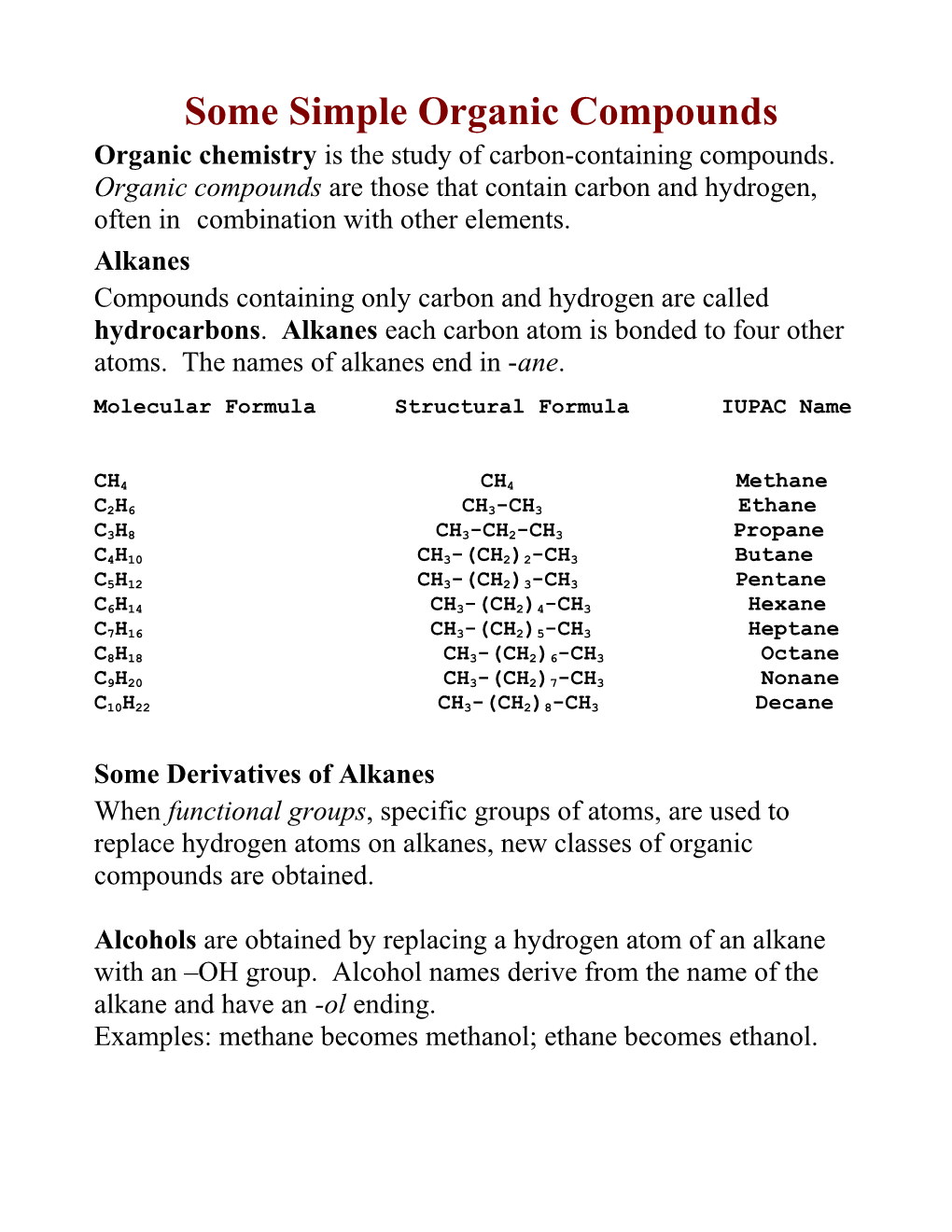 Some Simple Organic Compounds