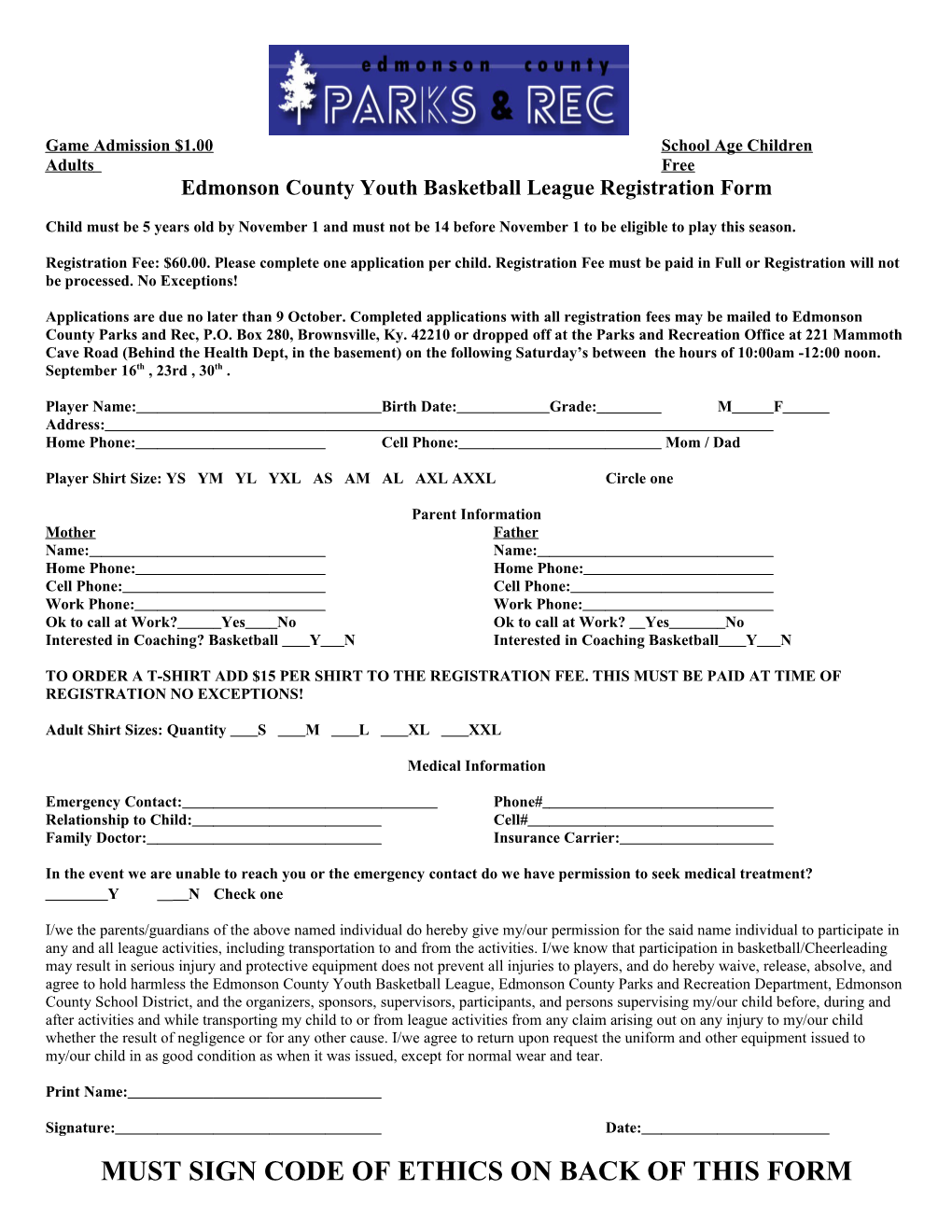 Edmonson County Youth Basketball League Registration Form