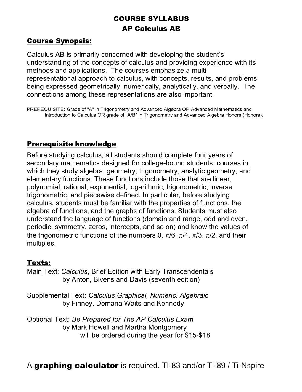 COURSE SYLLABUS AP Calculus AB